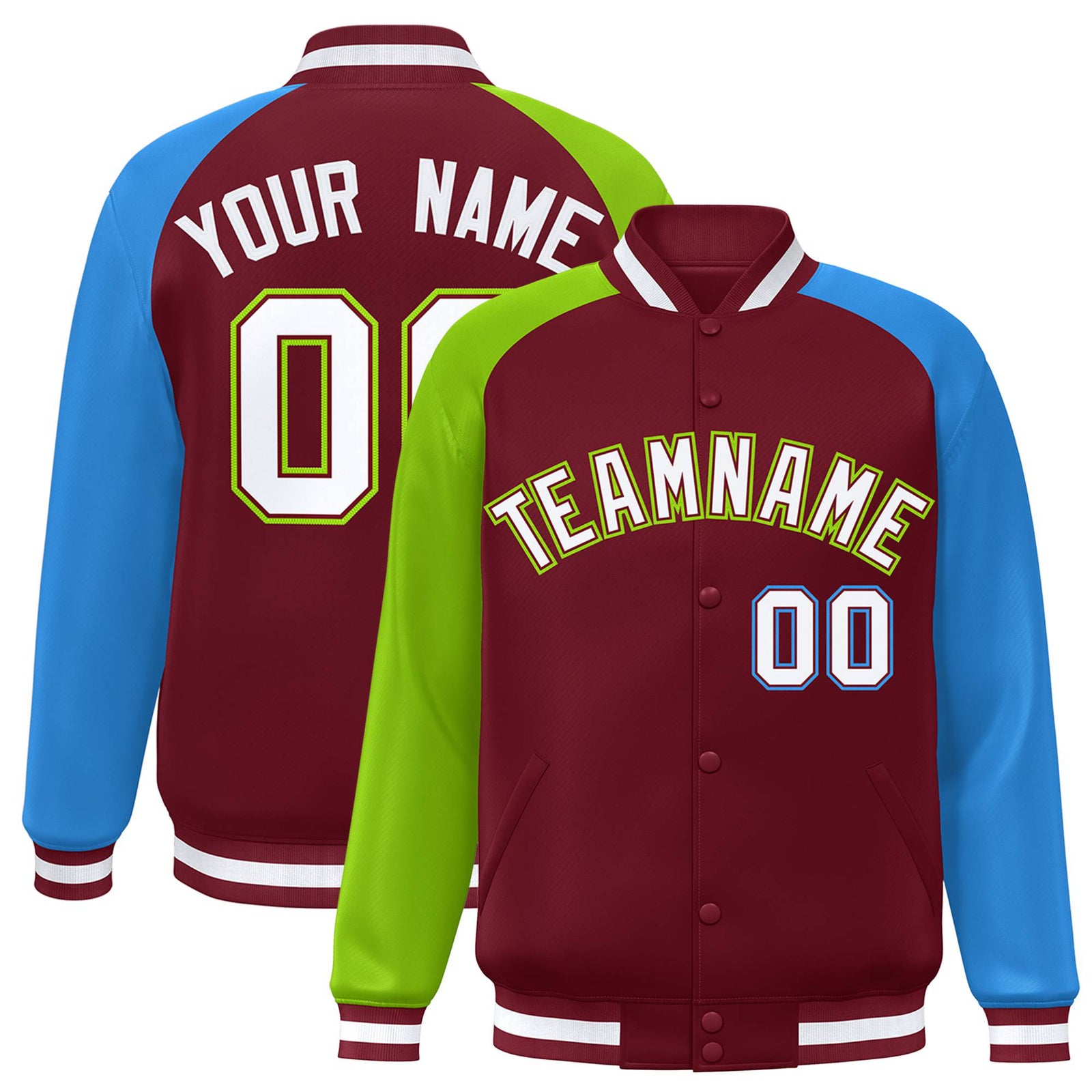 Custom Crimson Neon Green-Powder Blue Raglan Sleeves Varsity Full-Snap Letterman Jacket
