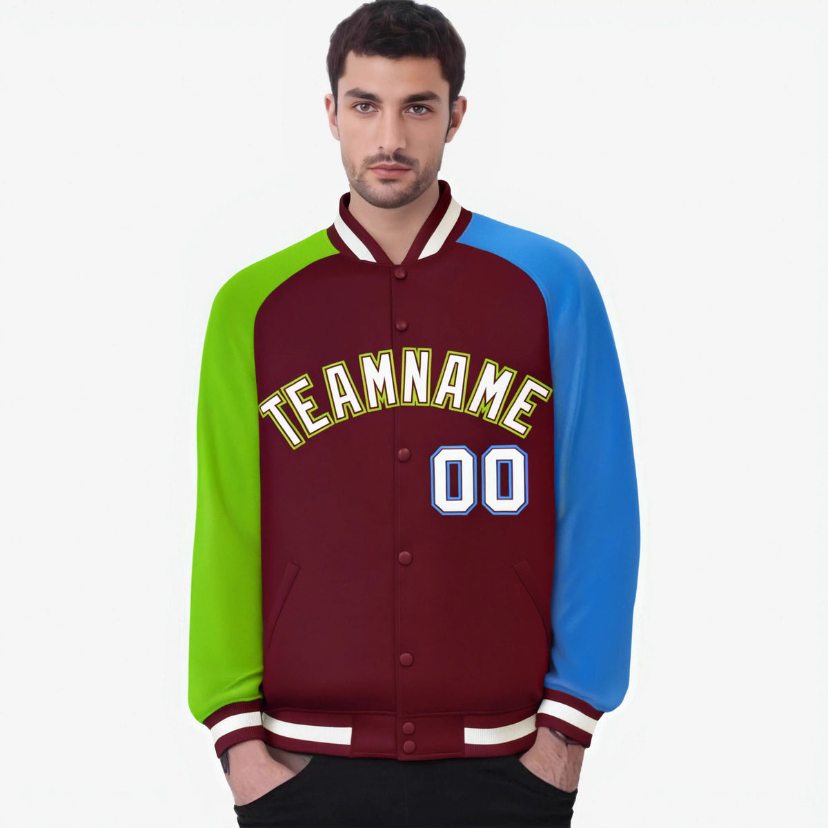 Custom Crimson Neon Green-Powder Blue Raglan Sleeves Varsity Full-Snap Letterman Jacket