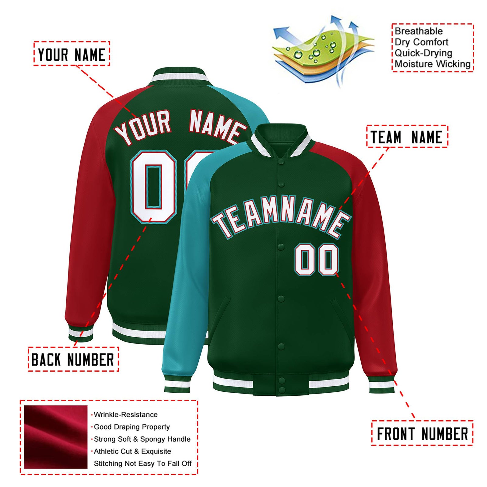 Custom Green Red-Aqua Raglan Sleeves Varsity Full-Snap Letterman Jacket