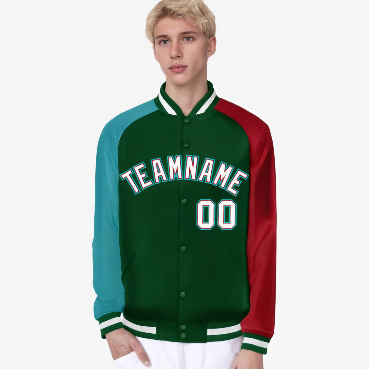 Custom Green Red-Aqua Raglan Sleeves Varsity Full-Snap Letterman Jacket