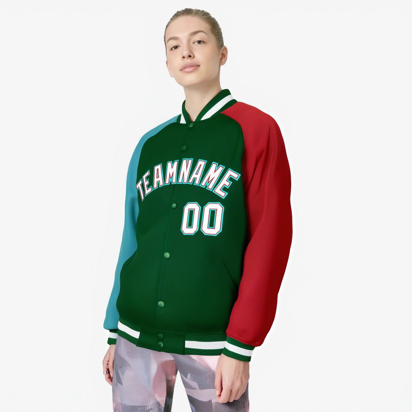Custom Green Red-Aqua Raglan Sleeves Varsity Full-Snap Letterman Jacket