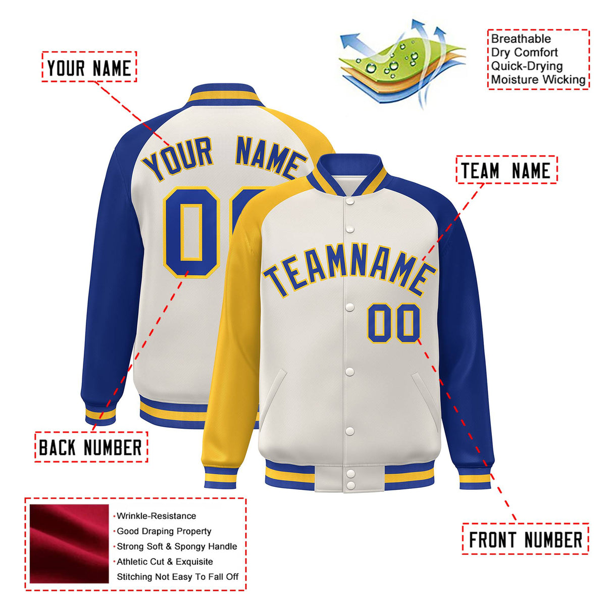 Custom Cream Royal Blue-Gold Raglan Sleeves Varsity Full-Snap Letterman Jacket