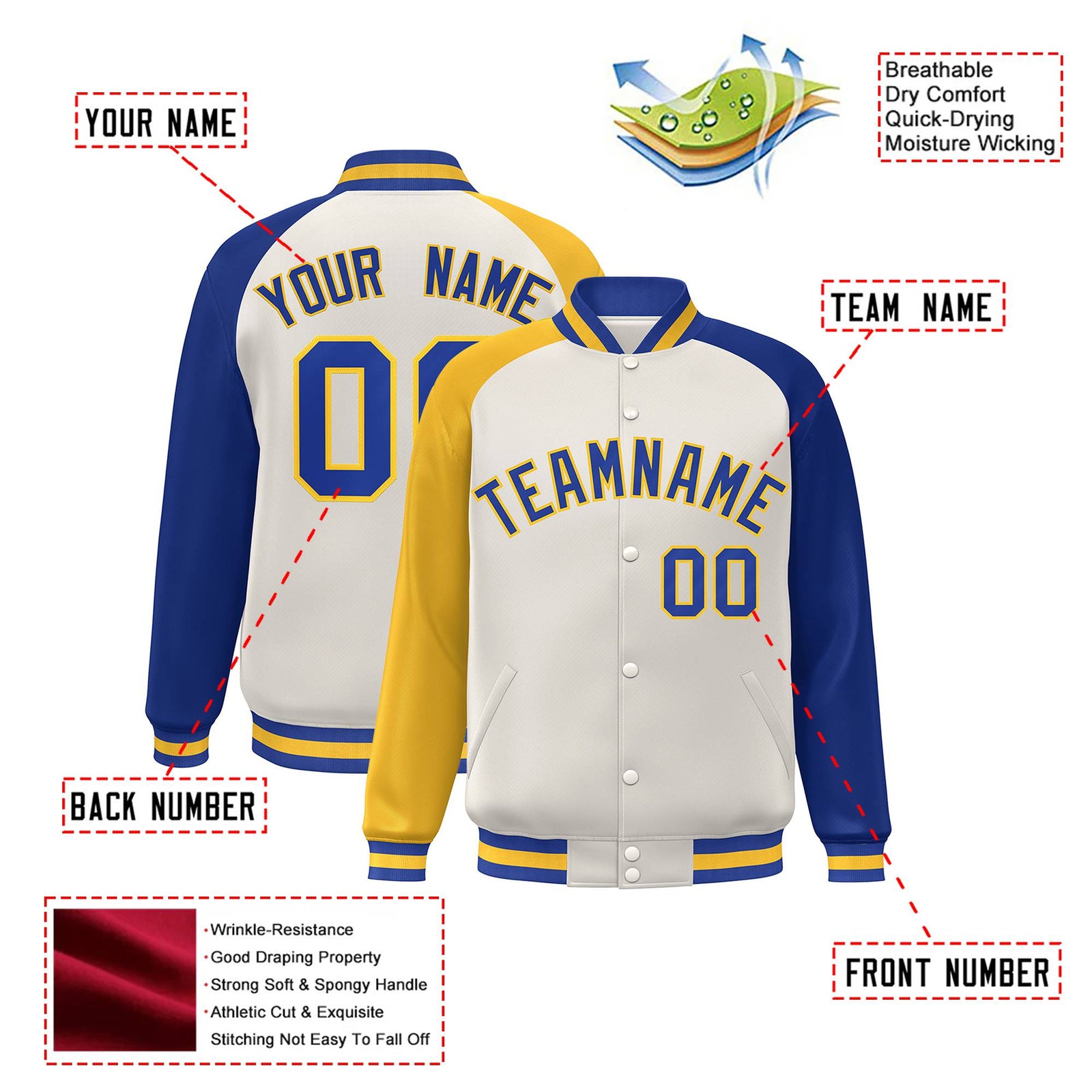 Custom Cream Royal Blue-Gold Raglan Sleeves Varsity Full-Snap Letterman Jacket