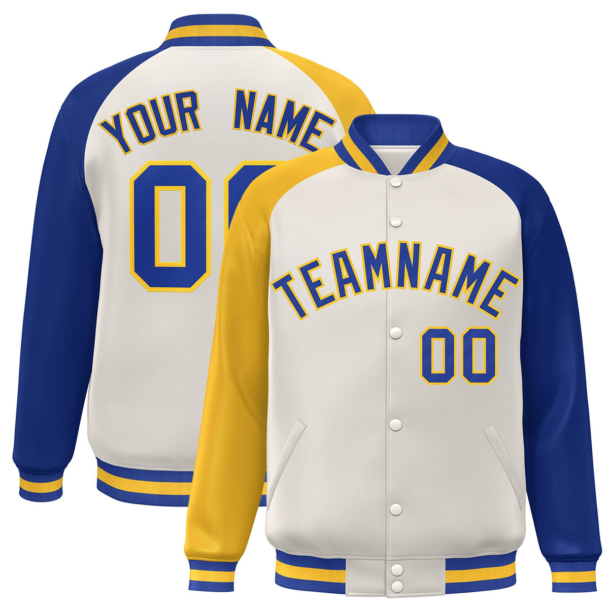 Custom Cream Royal Blue-Gold Raglan Sleeves Varsity Full-Snap Letterman Jacket