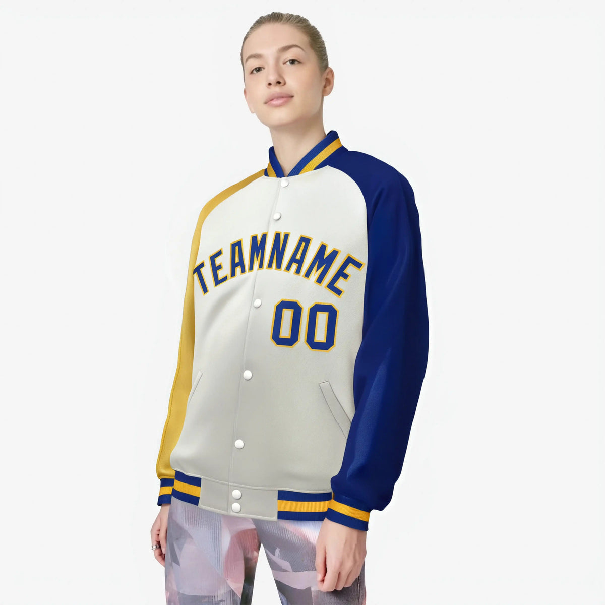 Custom Cream Royal Blue-Gold Raglan Sleeves Varsity Full-Snap Letterman Jacket