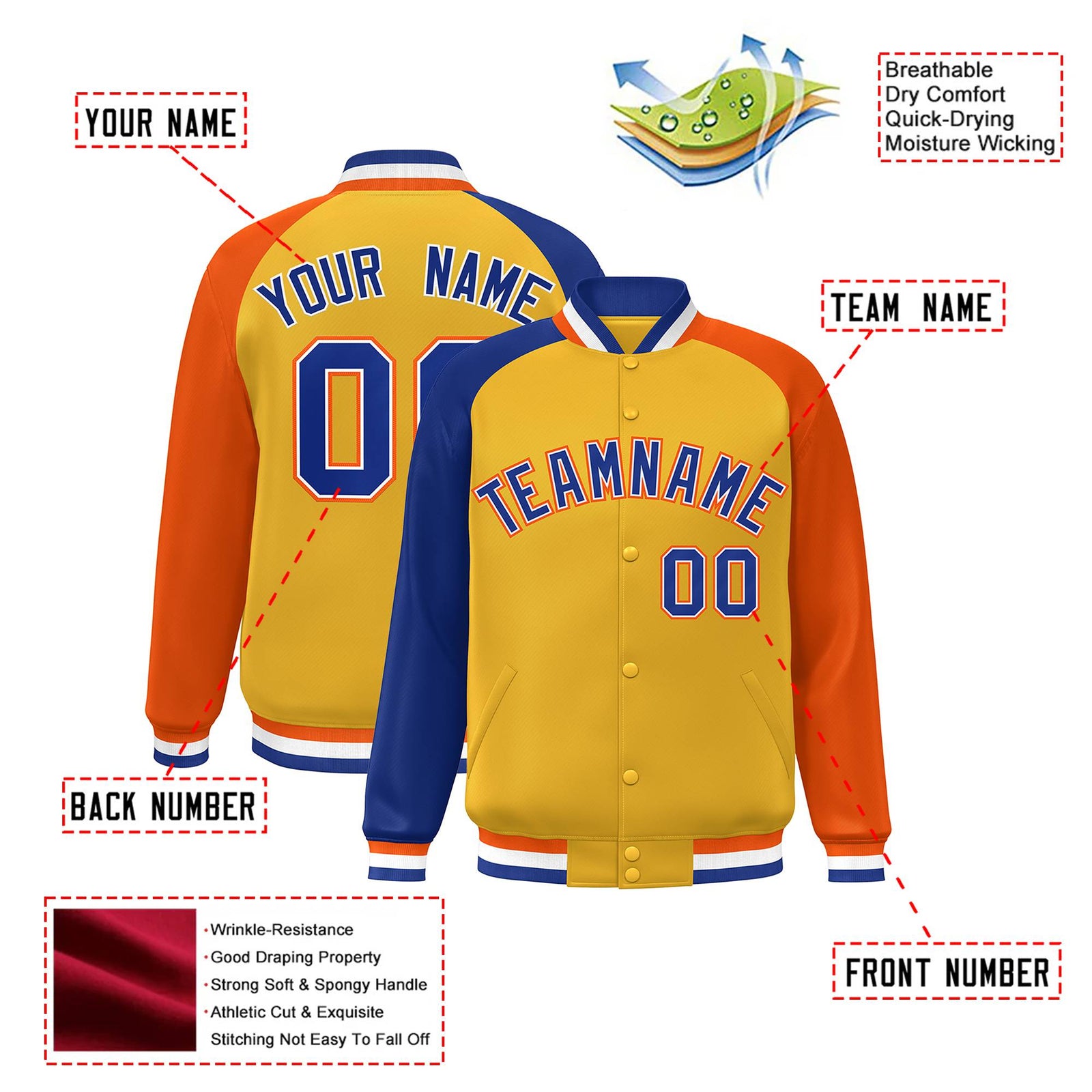 Custom Gold Orange-Royal Blue Raglan Sleeves Varsity Full-Snap Letterman Jacket