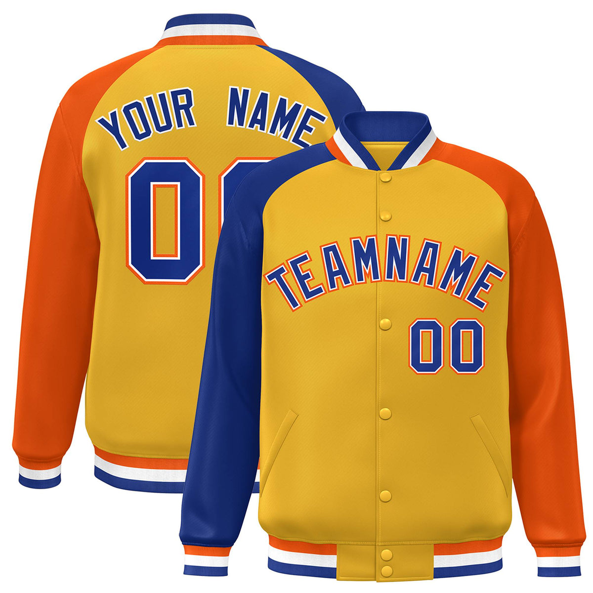 Custom Gold Orange-Royal Blue Raglan Sleeves Varsity Full-Snap Letterman Jacket