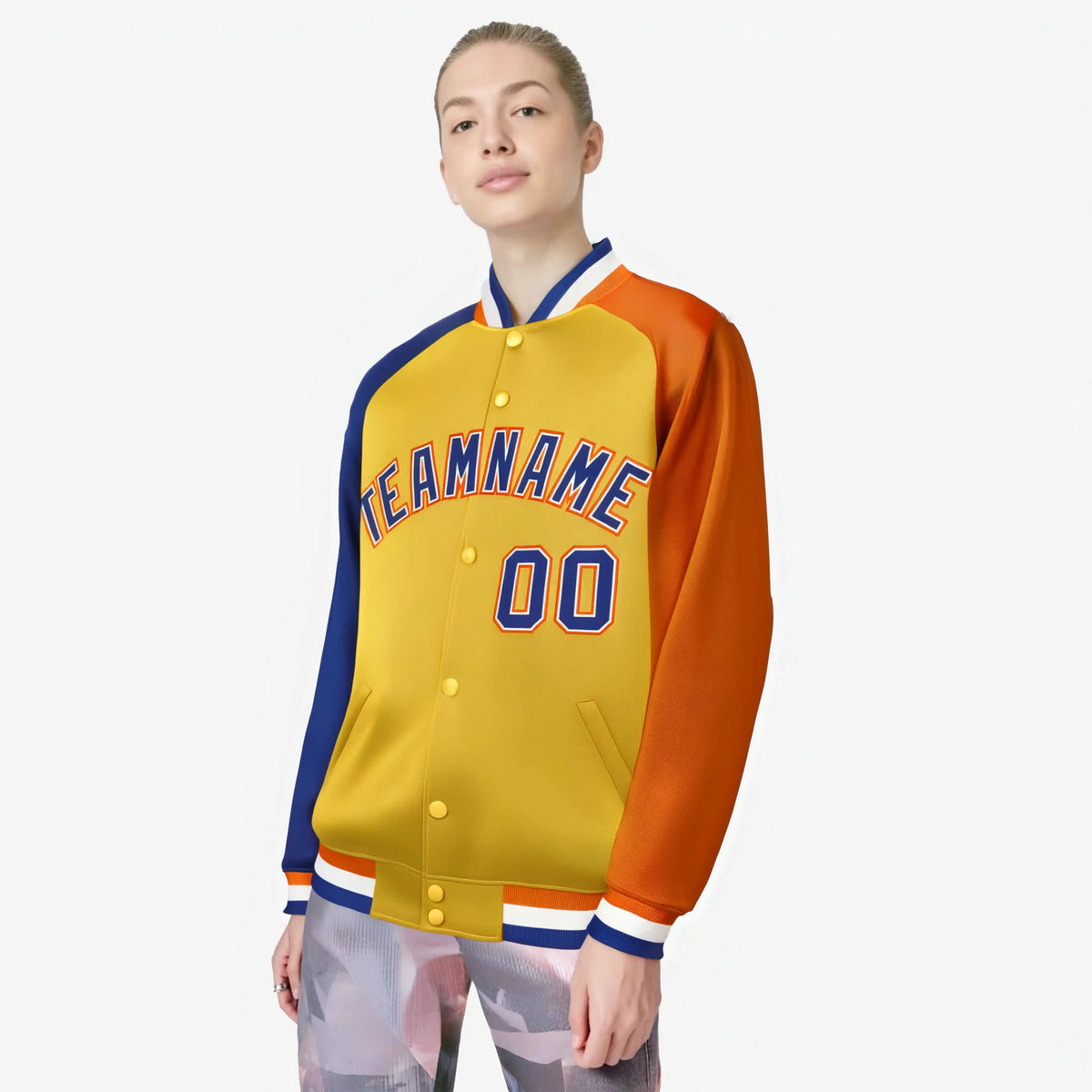 Custom Gold Orange-Royal Blue Raglan Sleeves Varsity Full-Snap Letterman Jacket
