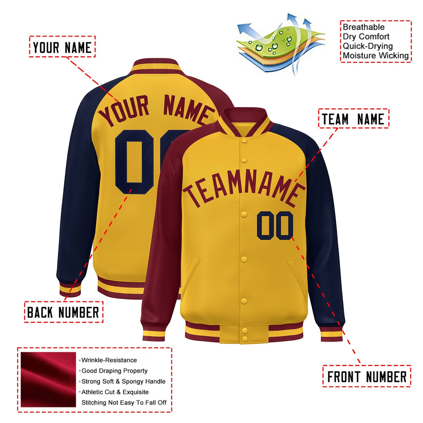 Custom Gold Navy-Crimson Raglan Sleeves Varsity Full-Snap Letterman Jacket
