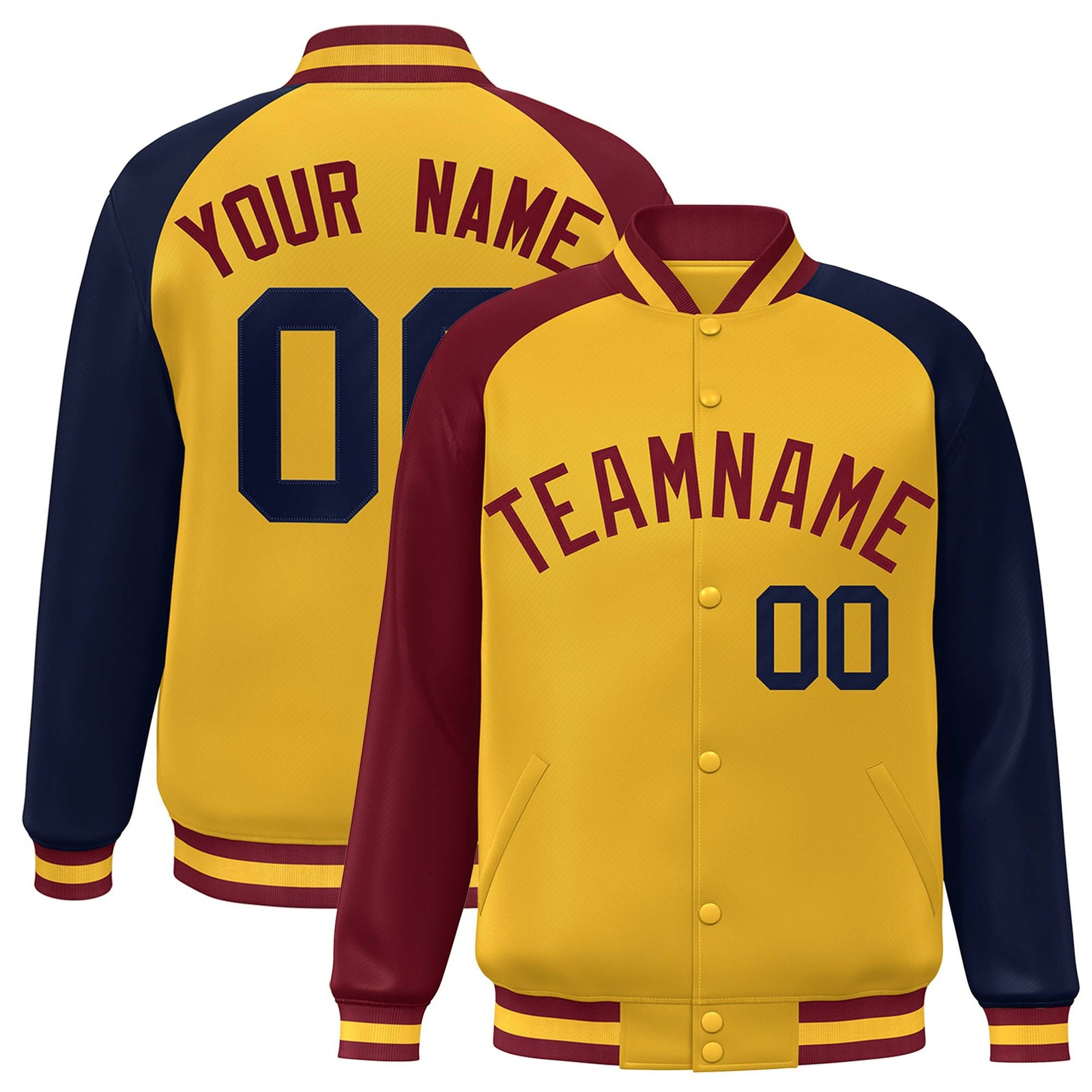 Custom Gold Navy-Crimson Raglan Sleeves Varsity Full-Snap Letterman Jacket