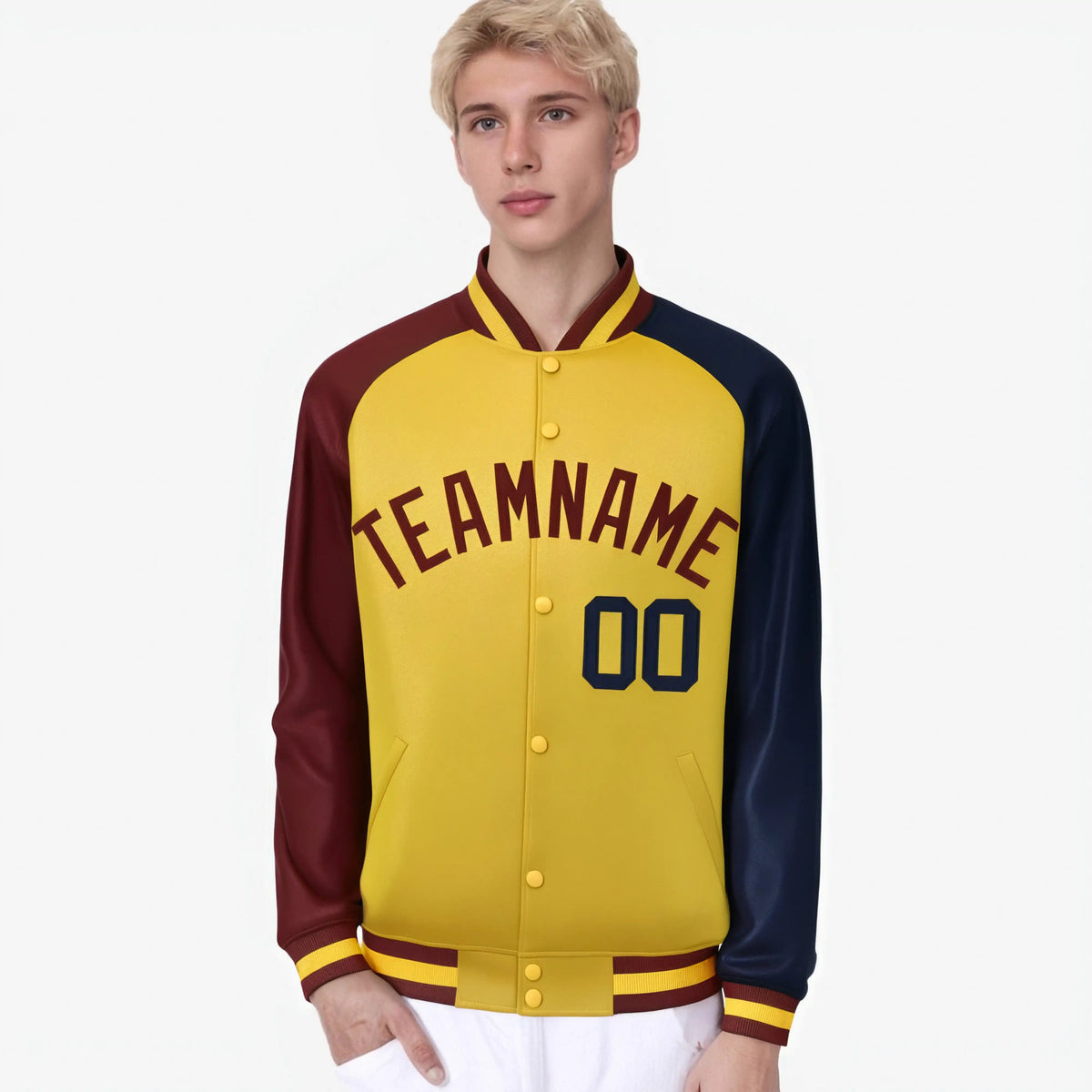 Custom Gold Navy-Crimson Raglan Sleeves Varsity Full-Snap Letterman Jacket