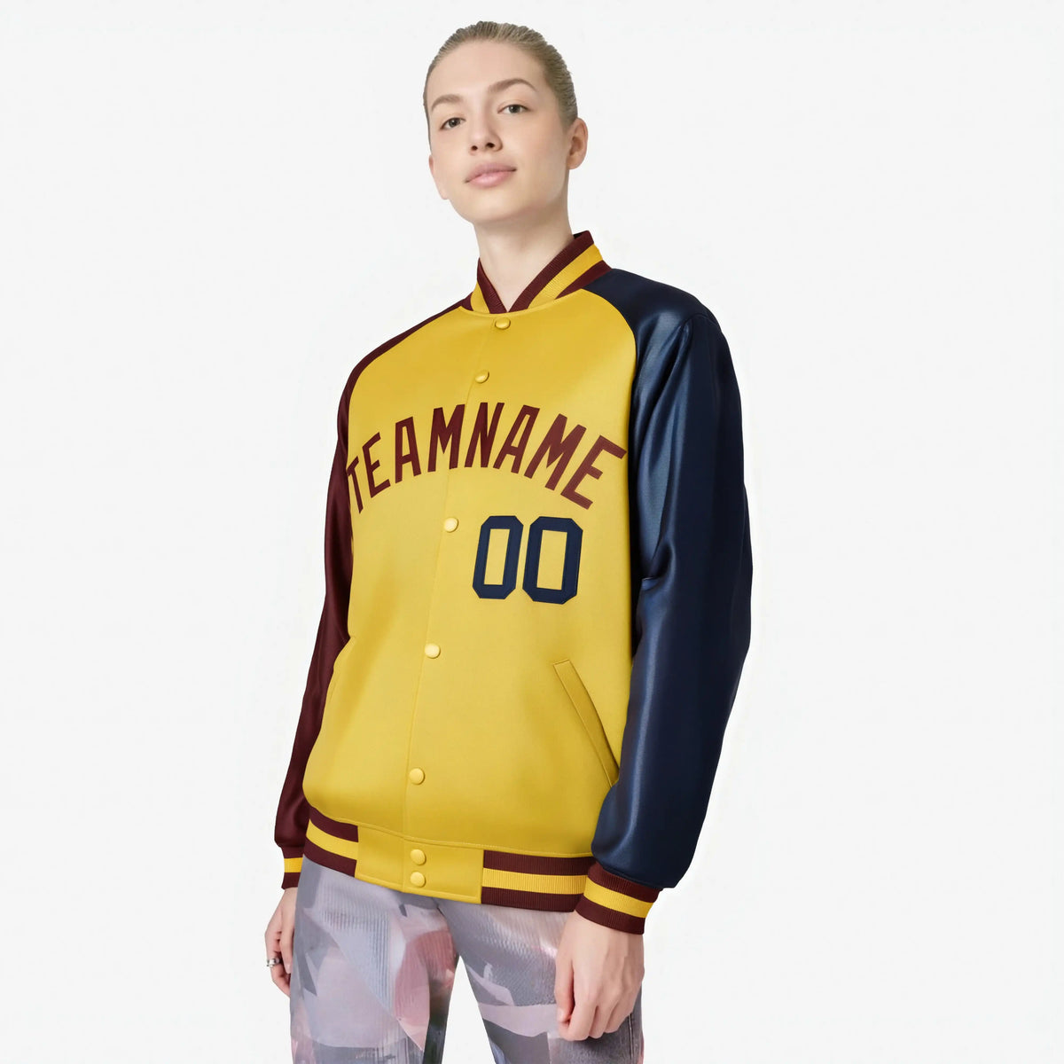 Custom Gold Navy-Crimson Raglan Sleeves Varsity Full-Snap Letterman Jacket