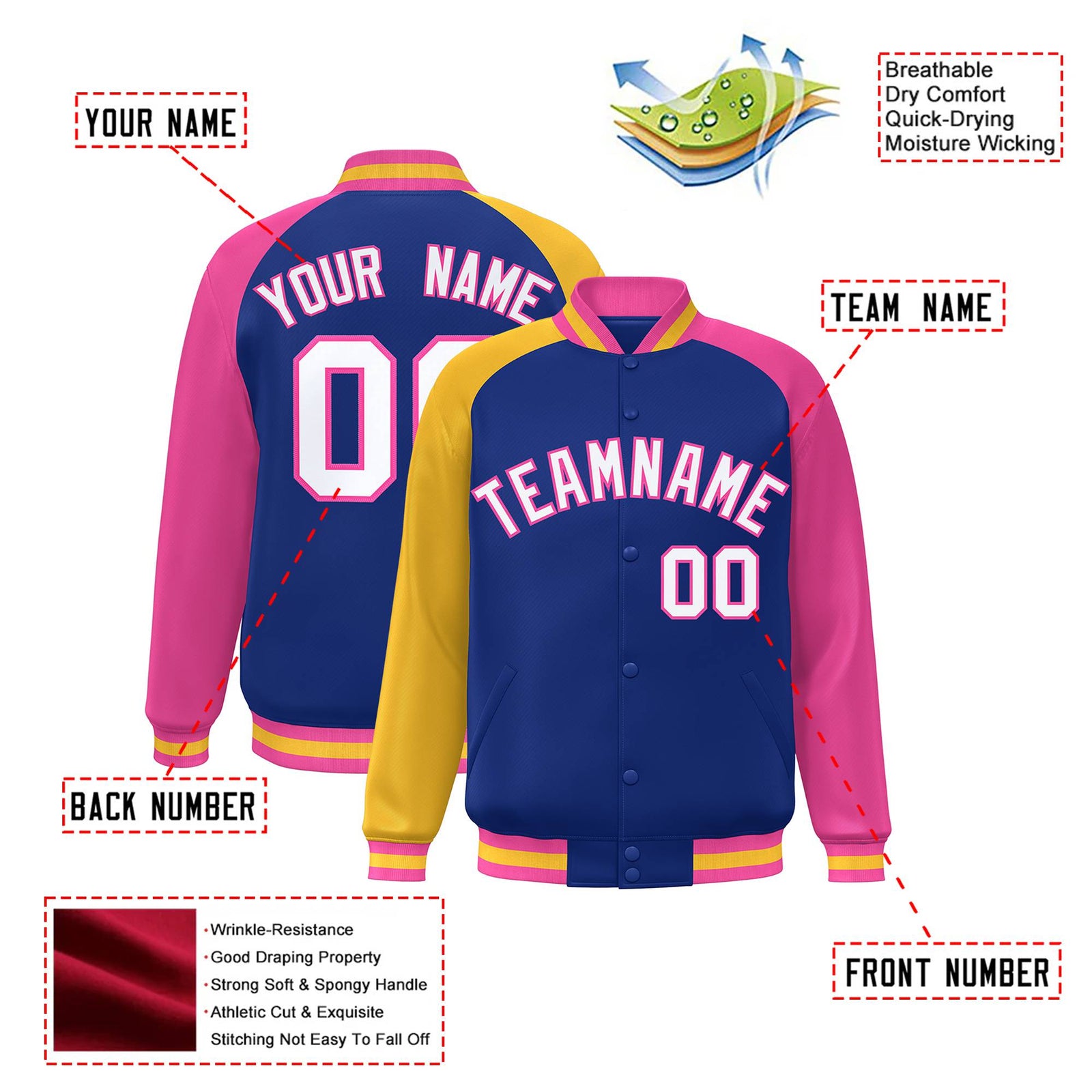 Custom Royal Blue Pink-Gold Raglan Sleeves Varsity Full-Snap Letterman Jacket