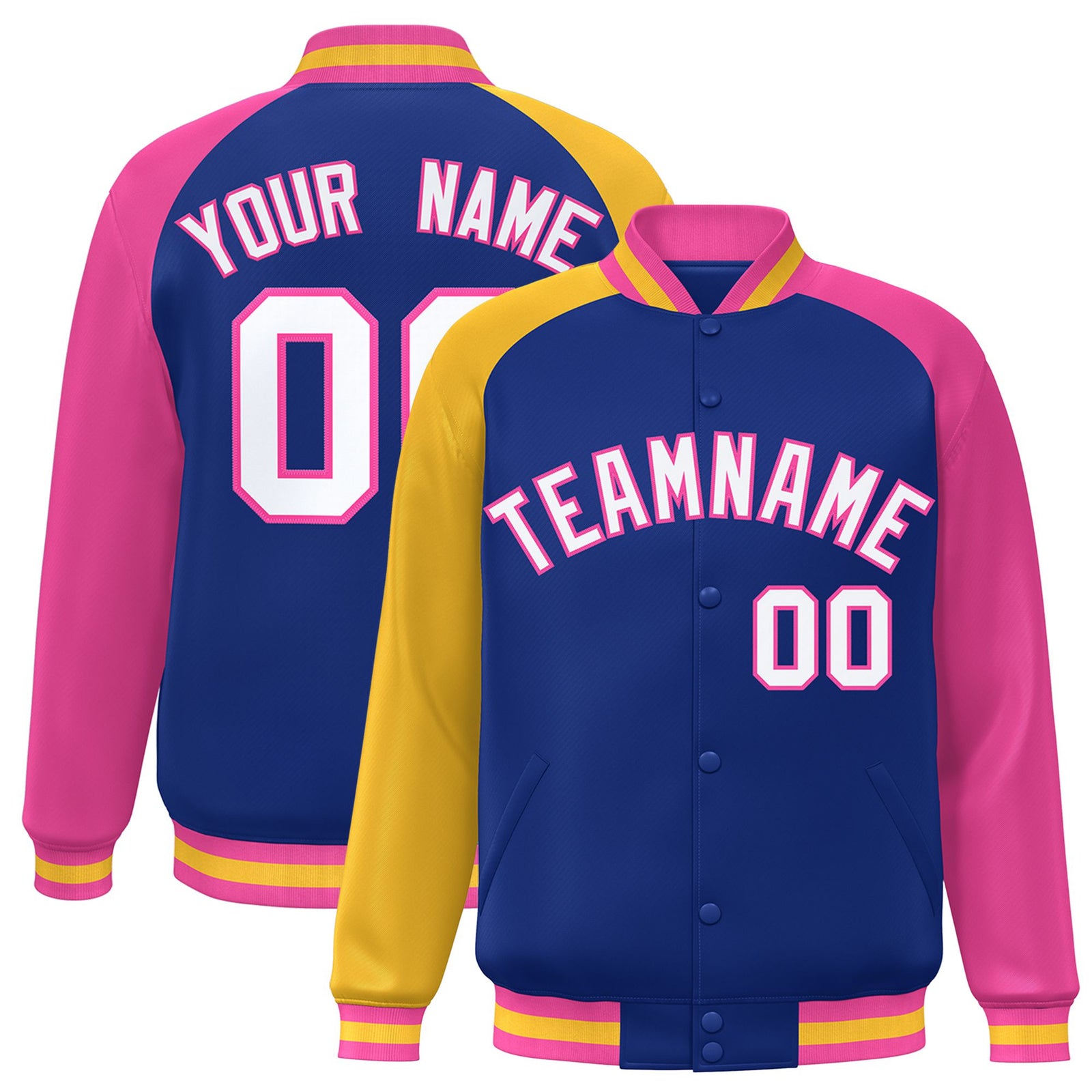 Custom Royal Blue Pink-Gold Raglan Sleeves Varsity Full-Snap Letterman Jacket