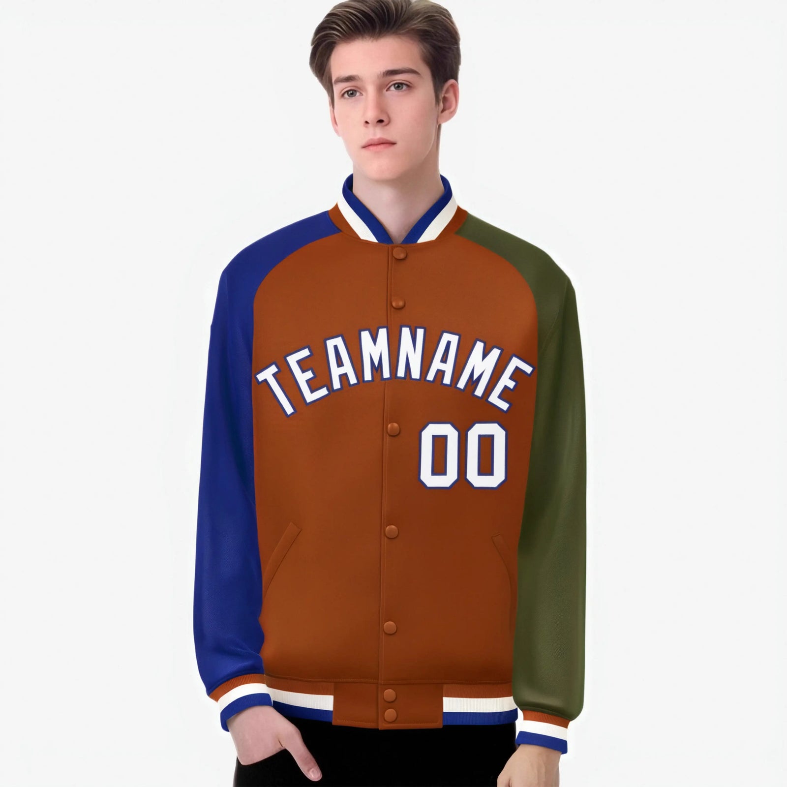 Custom Munsell Olive-Royal Blue Raglan Sleeves Varsity Full-Snap Letterman Jacket