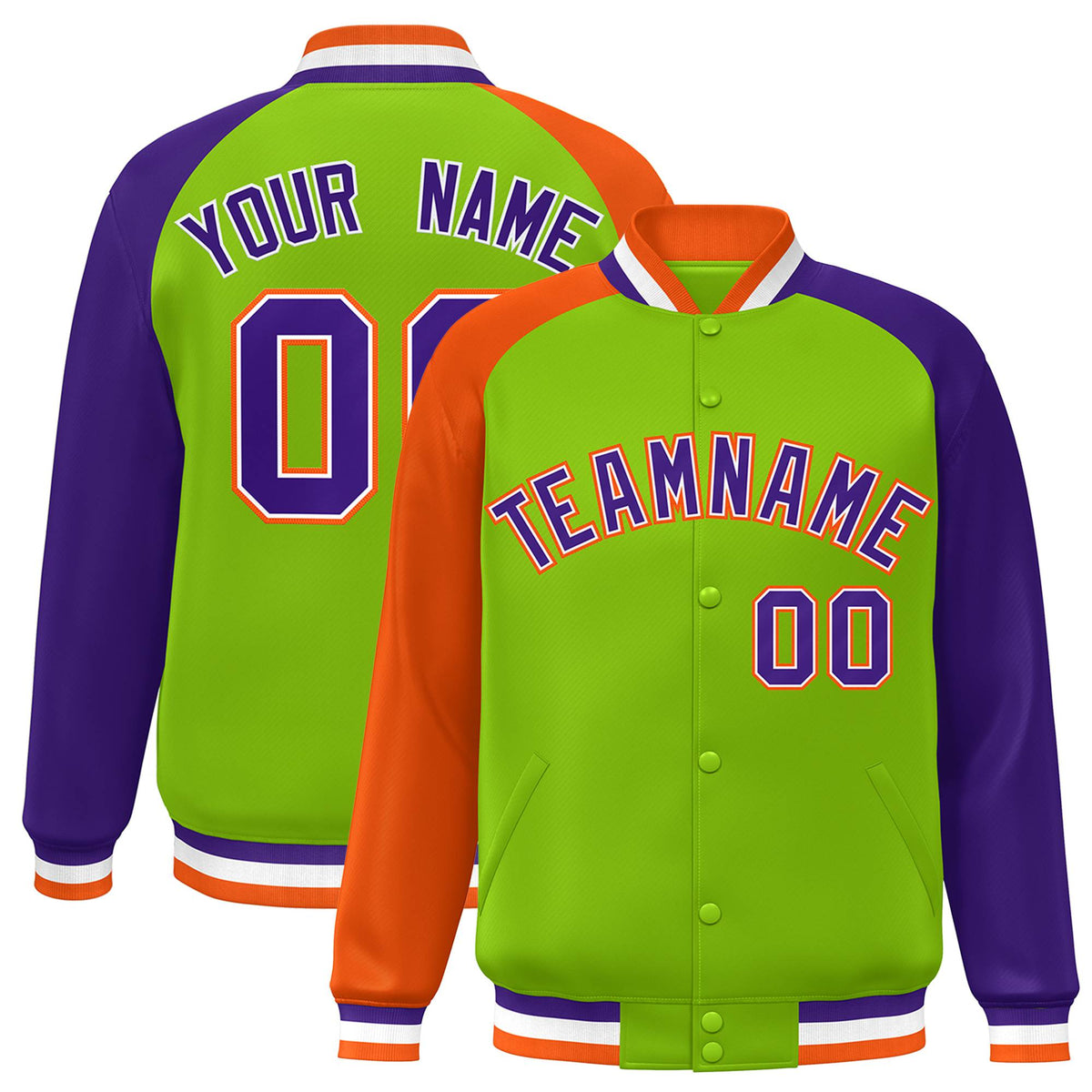 Custom Neon Green Purple-Orange Raglan Sleeves Varsity Full-Snap Letterman Jacket