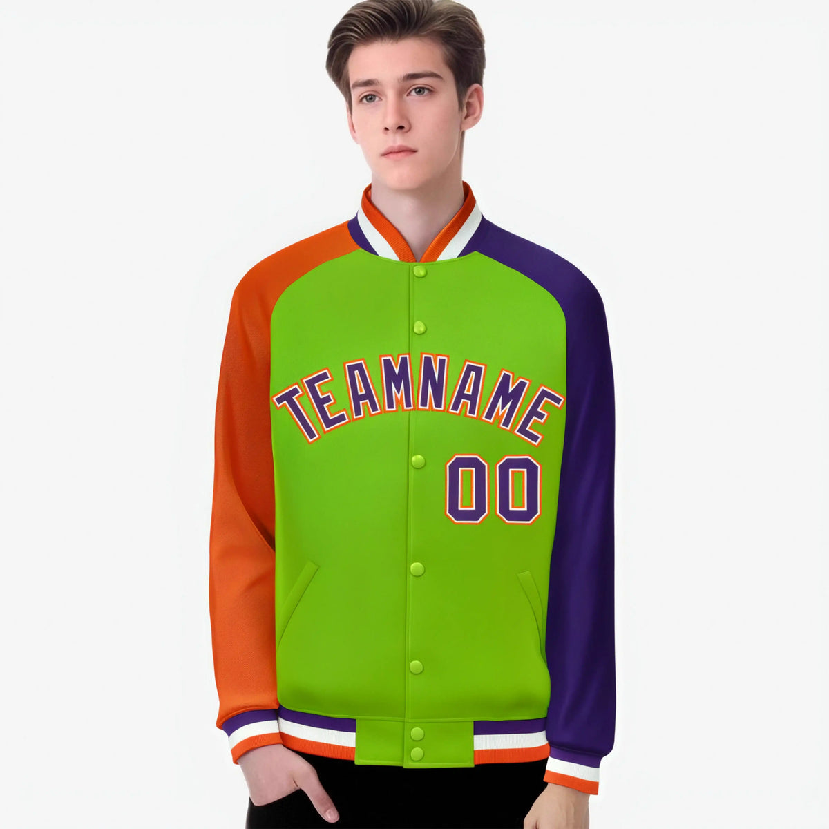 Custom Neon Green Purple-Orange Raglan Sleeves Varsity Full-Snap Letterman Jacket