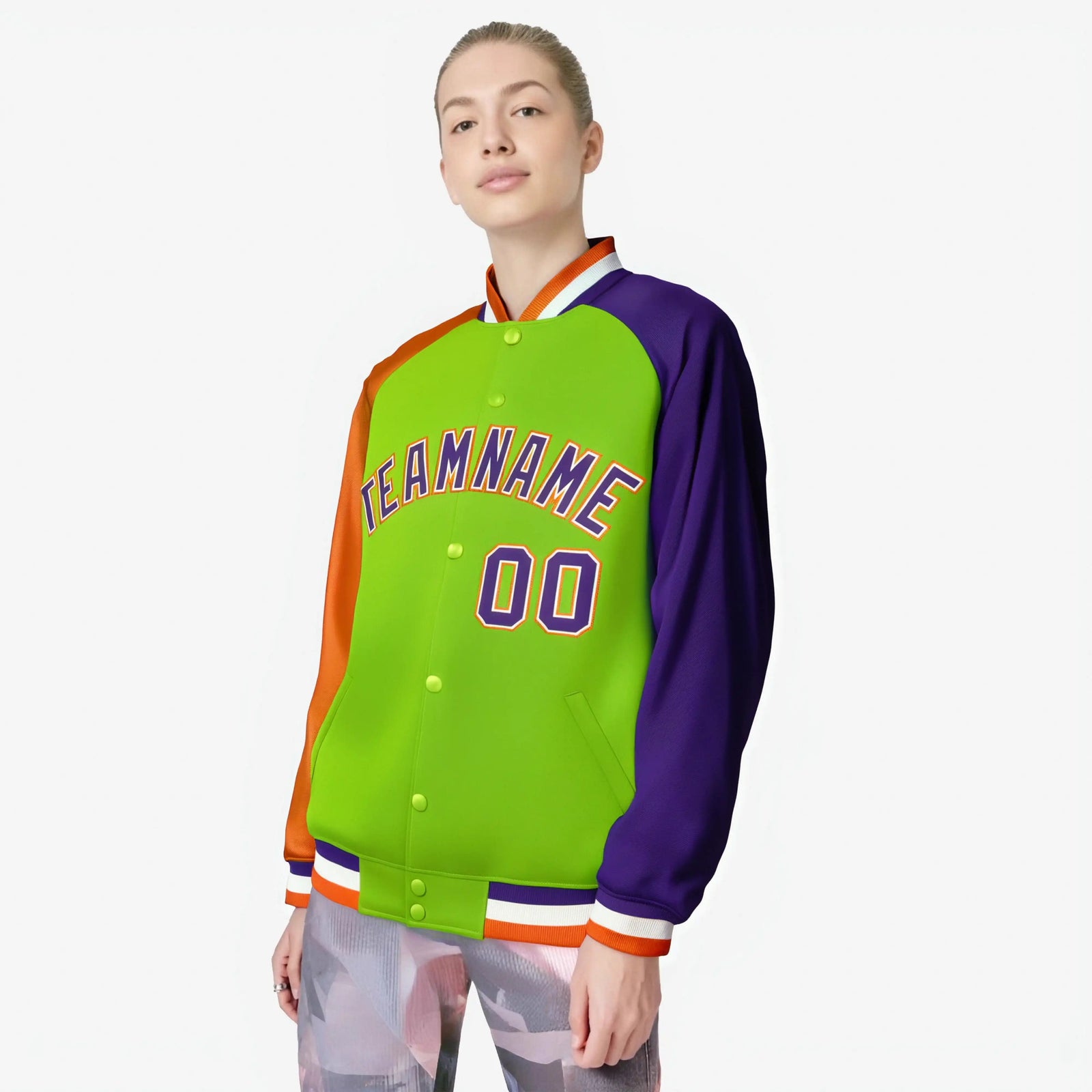 Custom Neon Green Purple-Orange Raglan Sleeves Varsity Full-Snap Letterman Jacket