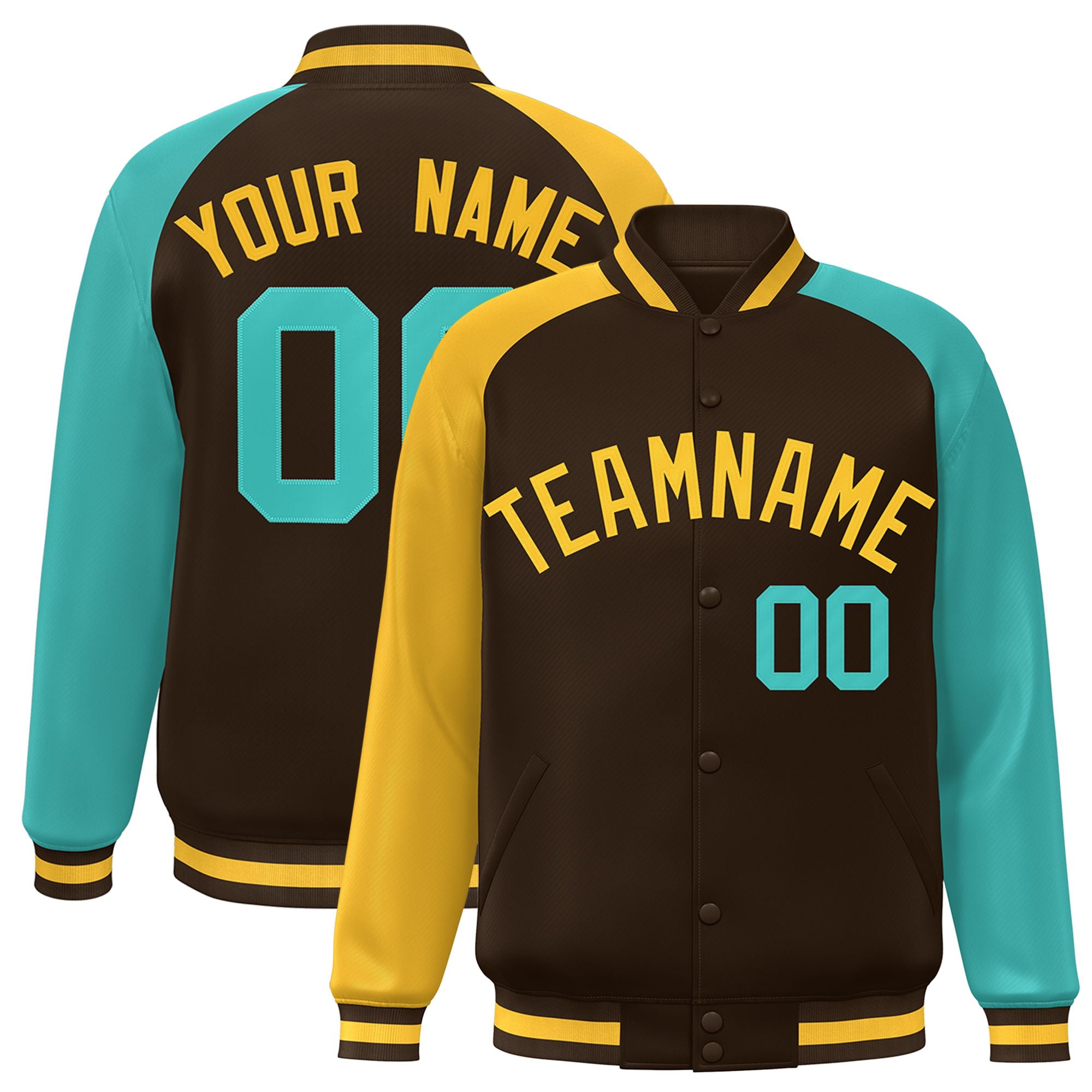 Custom Brown Olive-Gold Raglan Sleeves Varsity Full-Snap Letterman Jacket