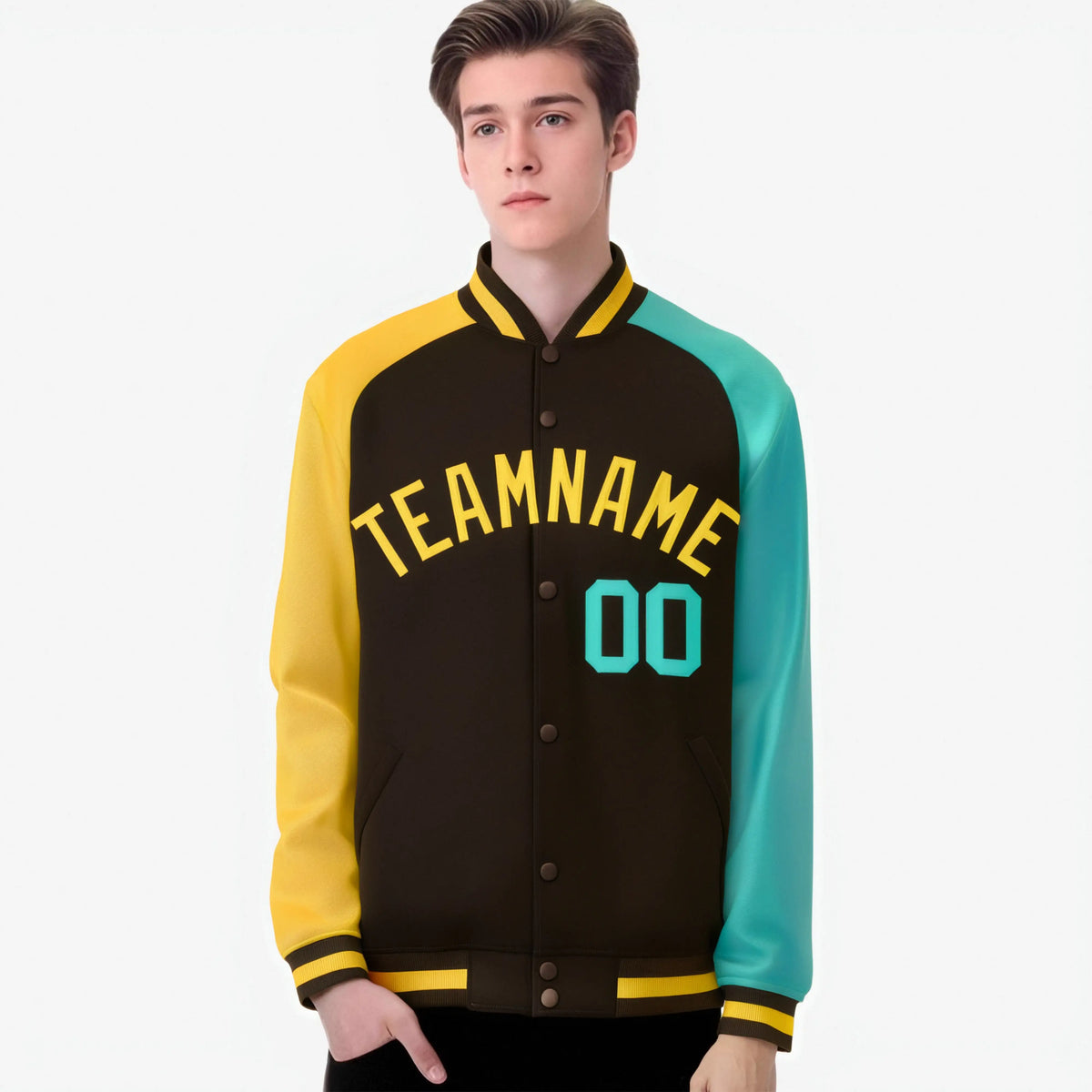Custom Brown Olive-Gold Raglan Sleeves Varsity Full-Snap Letterman Jacket