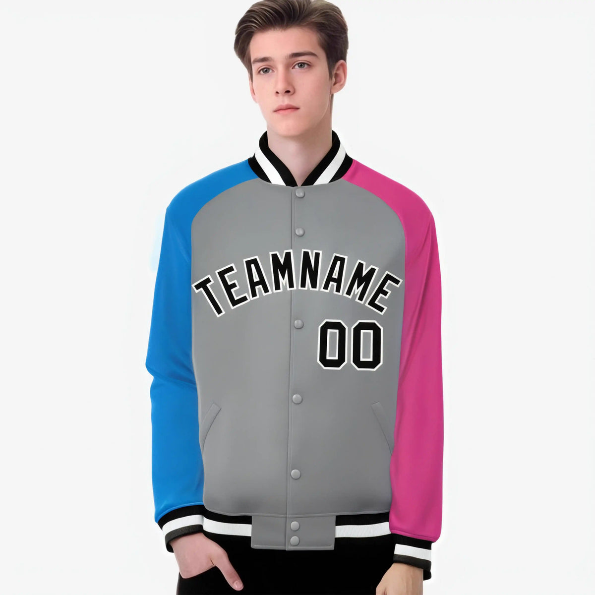 Custom Gray Pink-Powder Blue Raglan Sleeves Varsity Full-Snap Letterman Jacket