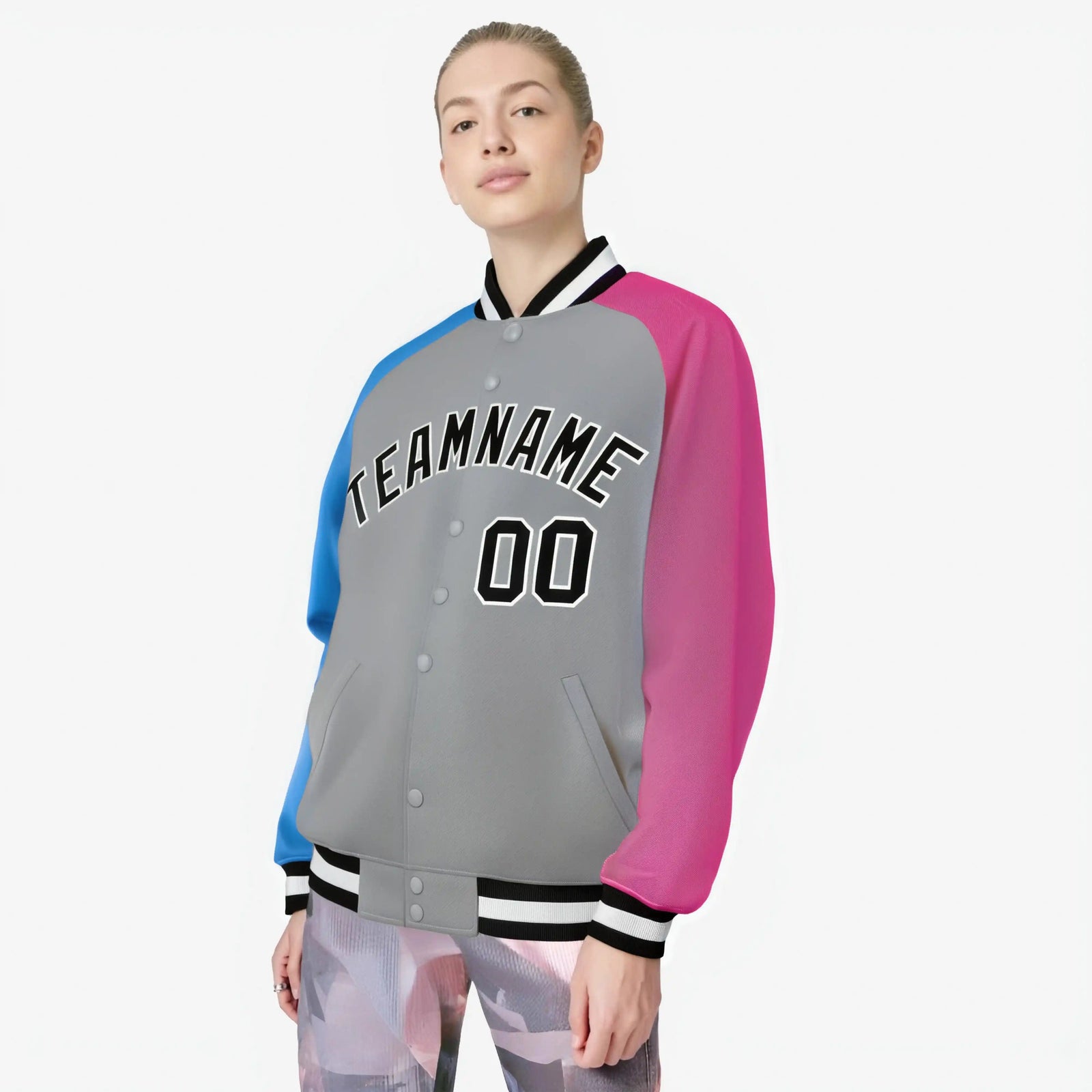 Custom Gray Pink-Powder Blue Raglan Sleeves Varsity Full-Snap Letterman Jacket