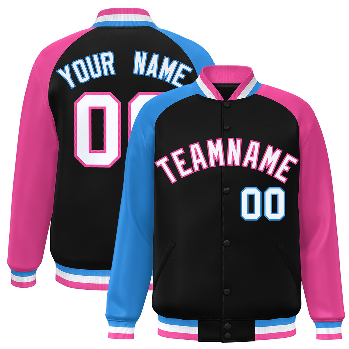 Custom Black Pink-Powder Blue Raglan Sleeves Varsity Full-Snap Letterman Jacket