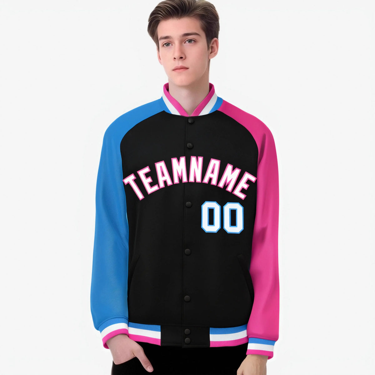 Custom Black Pink-Powder Blue Raglan Sleeves Varsity Full-Snap Letterman Jacket