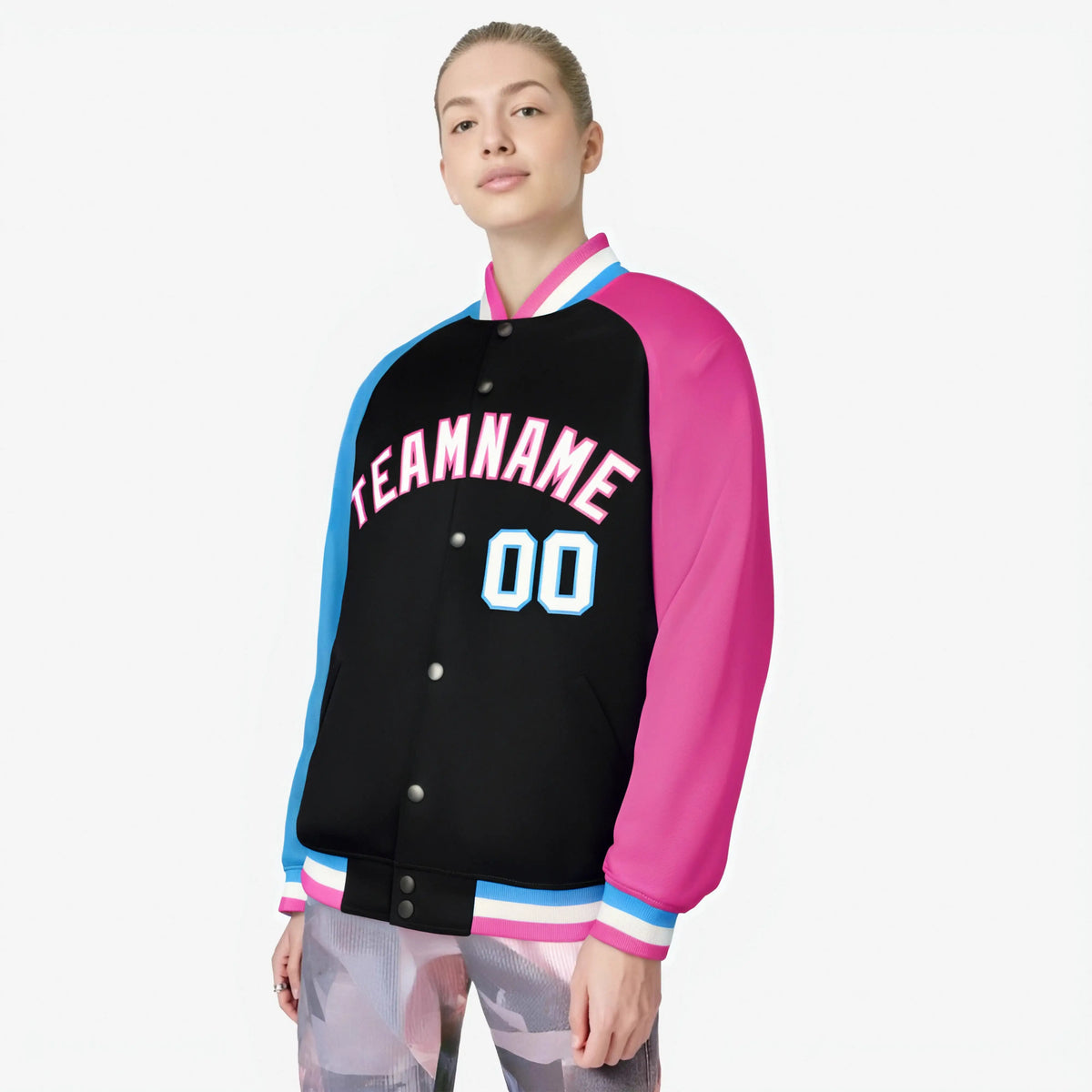 Custom Black Pink-Powder Blue Raglan Sleeves Varsity Full-Snap Letterman Jacket