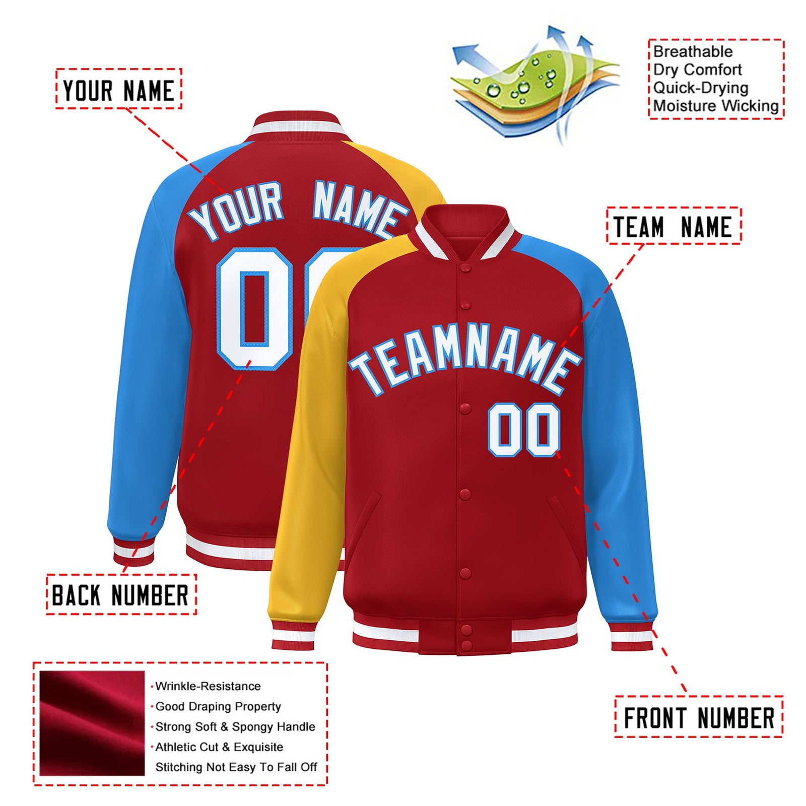 Custom Red Powder Blue-Gold Raglan Sleeves Varsity Full-Snap Letterman Jacket
