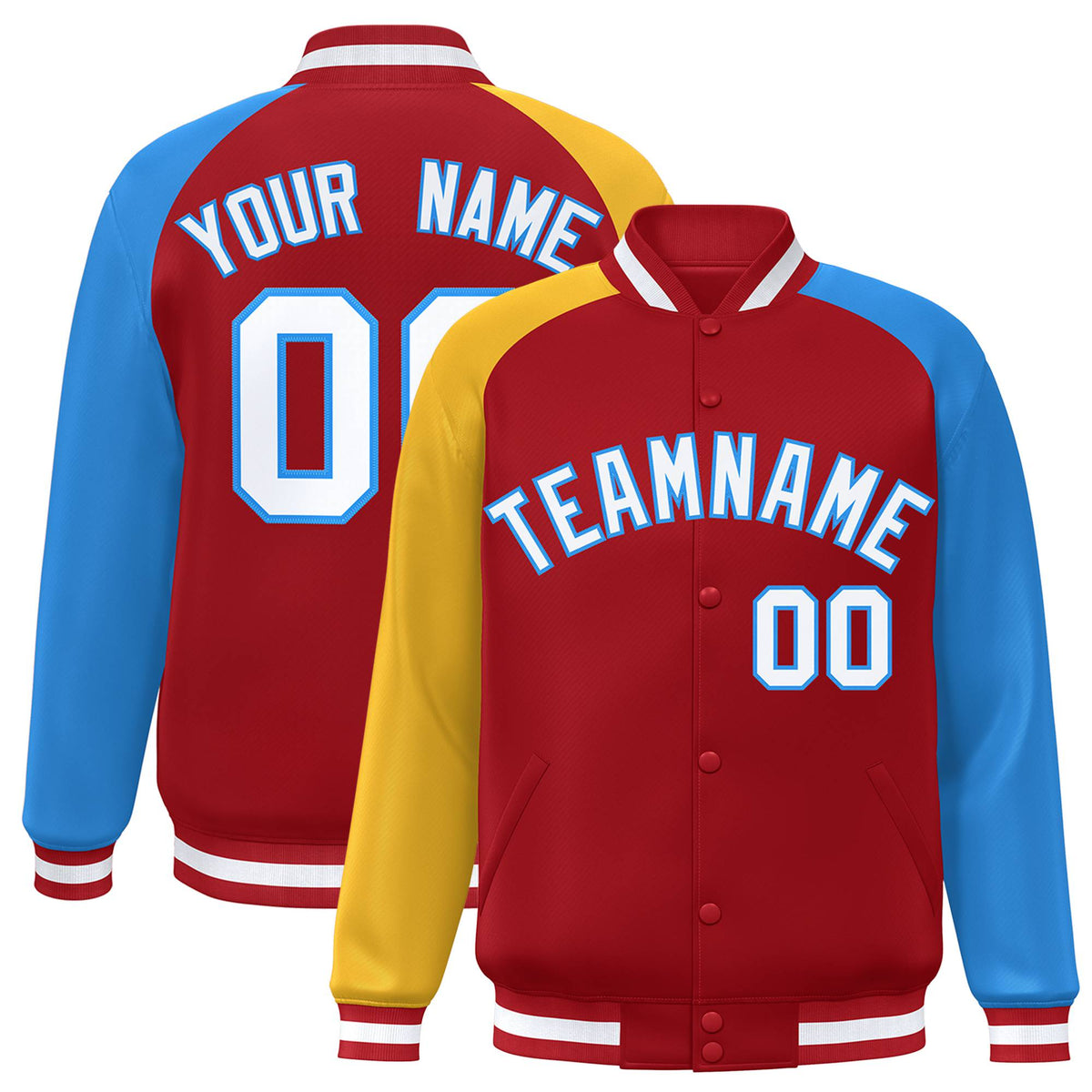 Custom Red Powder Blue-Gold Raglan Sleeves Varsity Full-Snap Letterman Jacket