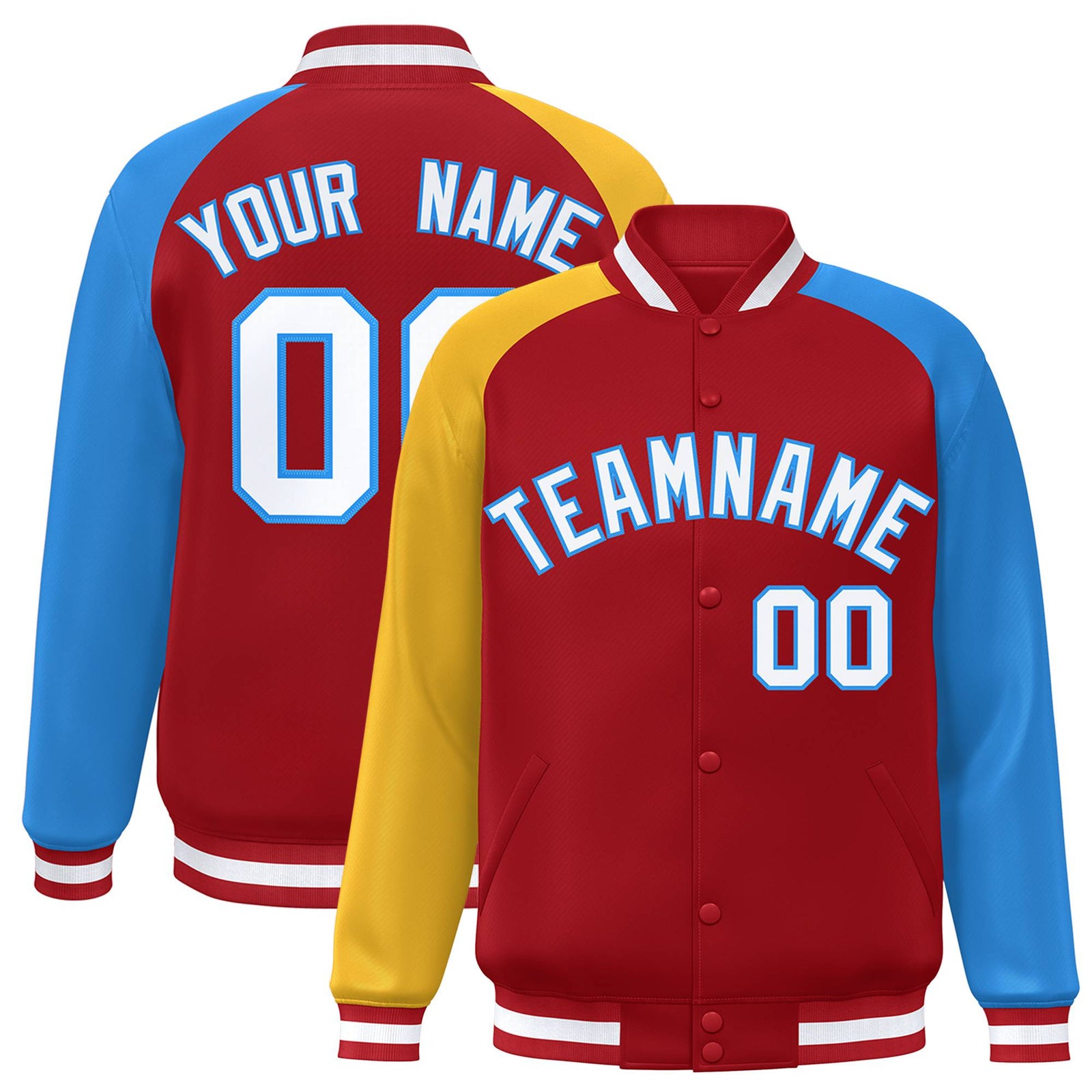 Custom Red Powder Blue-Gold Raglan Sleeves Varsity Full-Snap Letterman Jacket