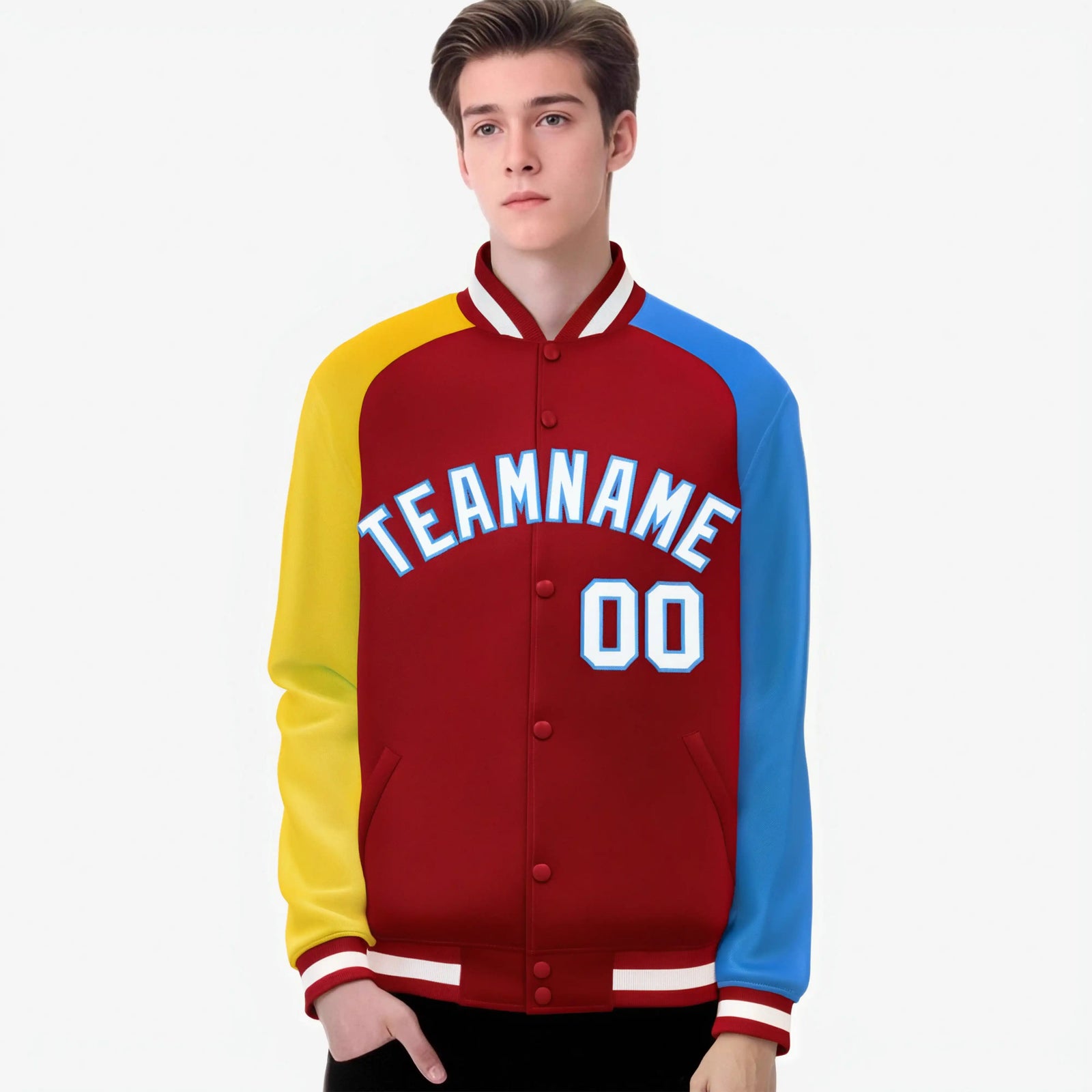 Custom Red Powder Blue-Gold Raglan Sleeves Varsity Full-Snap Letterman Jacket