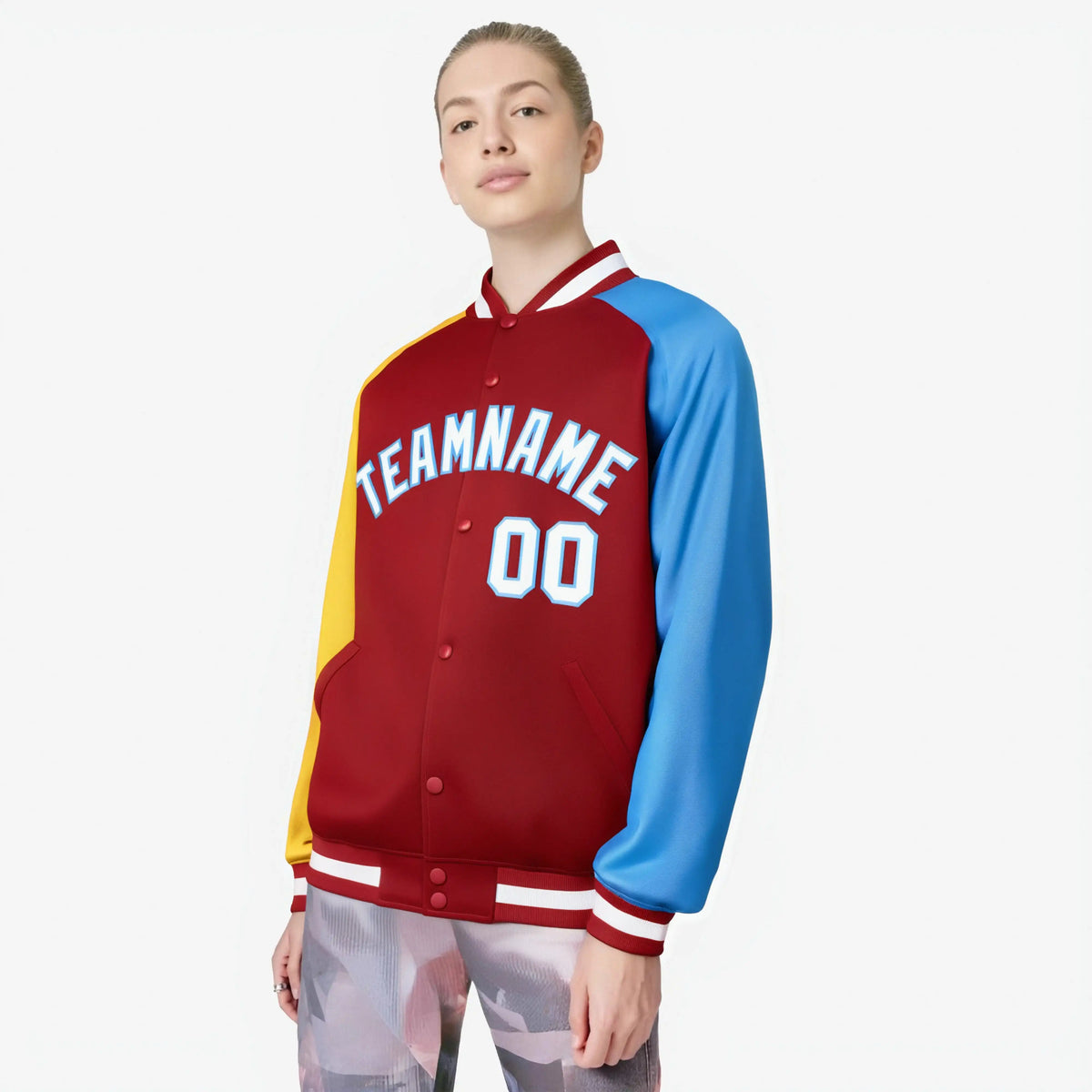 Custom Red Powder Blue-Gold Raglan Sleeves Varsity Full-Snap Letterman Jacket