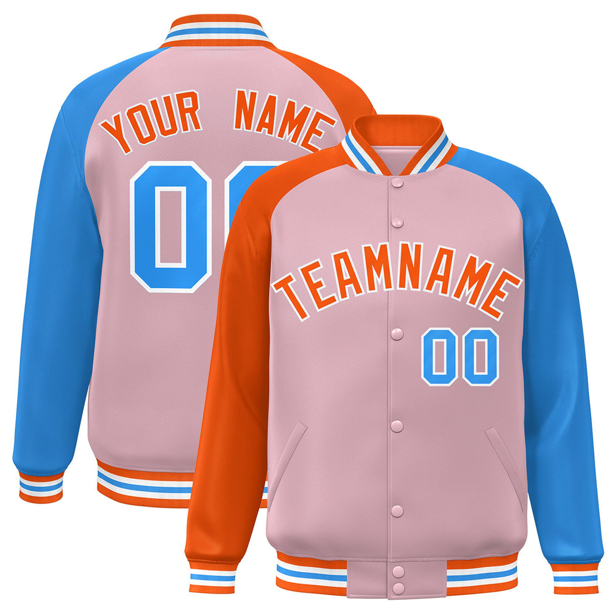 Custom Light Pink Powder Blue-Orange Raglan Sleeves Varsity Full-Snap Letterman Jacket