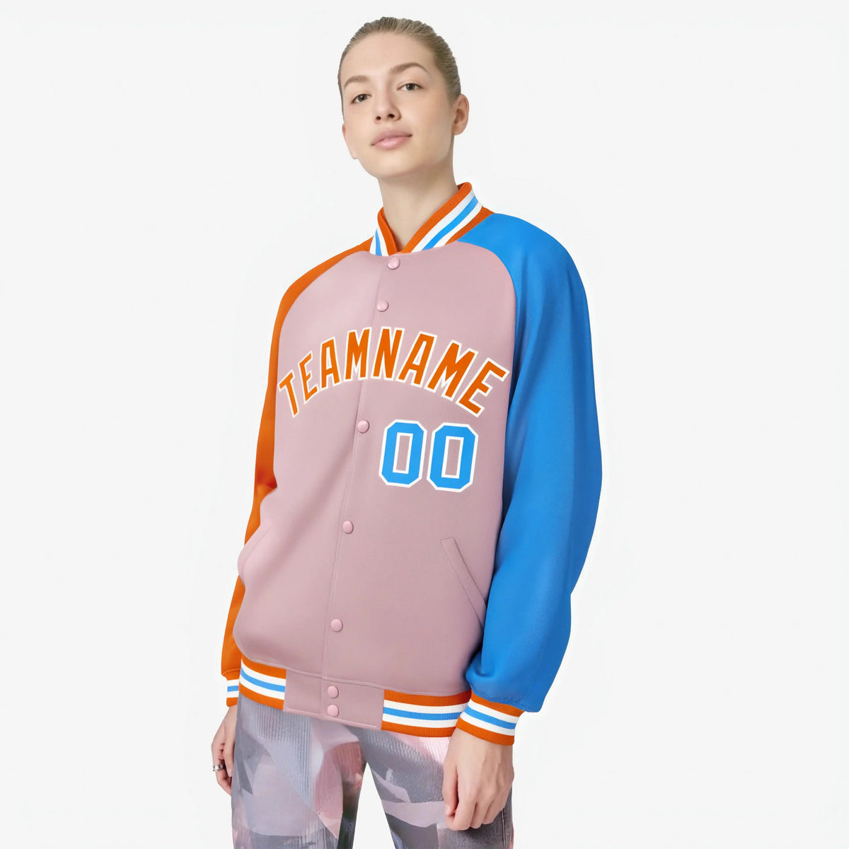 Custom Light Pink Powder Blue-Orange Raglan Sleeves Varsity Full-Snap Letterman Jacket