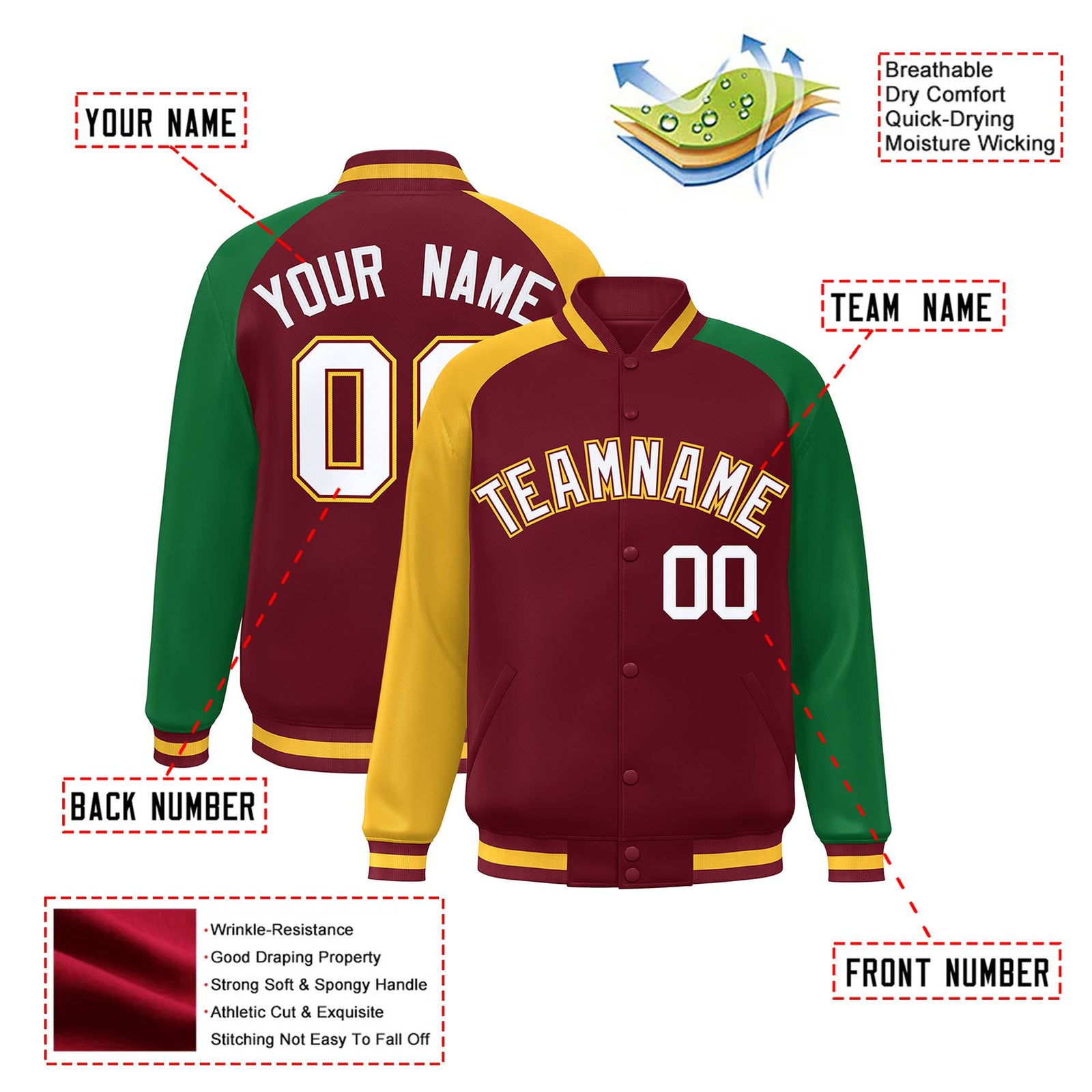 Custom Crimson Kelly Green-Gold Raglan Sleeves Varsity Full-Snap Letterman Jacket
