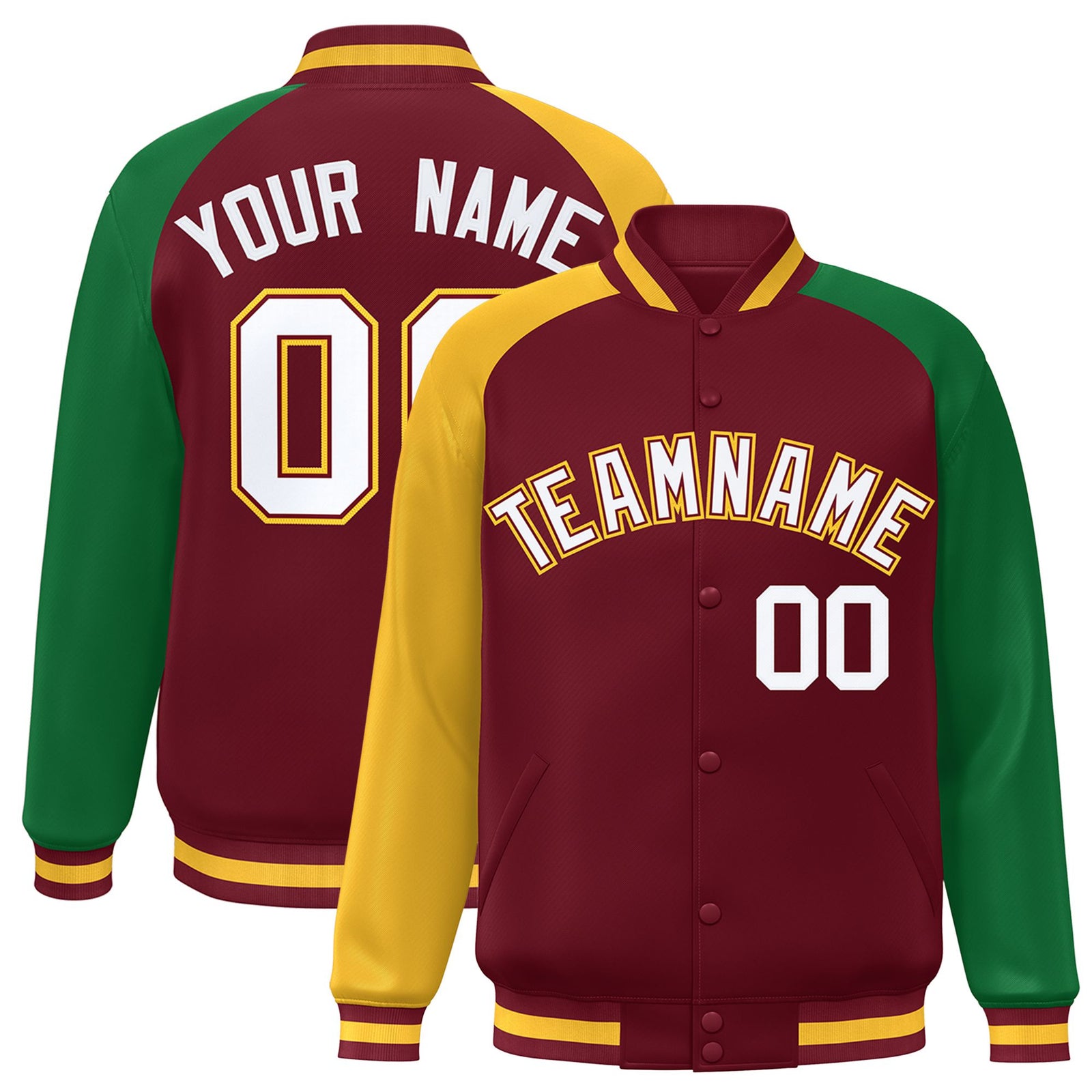 Custom Crimson Kelly Green-Gold Raglan Sleeves Varsity Full-Snap Letterman Jacket