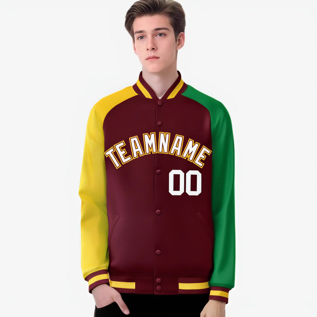 Custom Crimson Kelly Green-Gold Raglan Sleeves Varsity Full-Snap Letterman Jacket