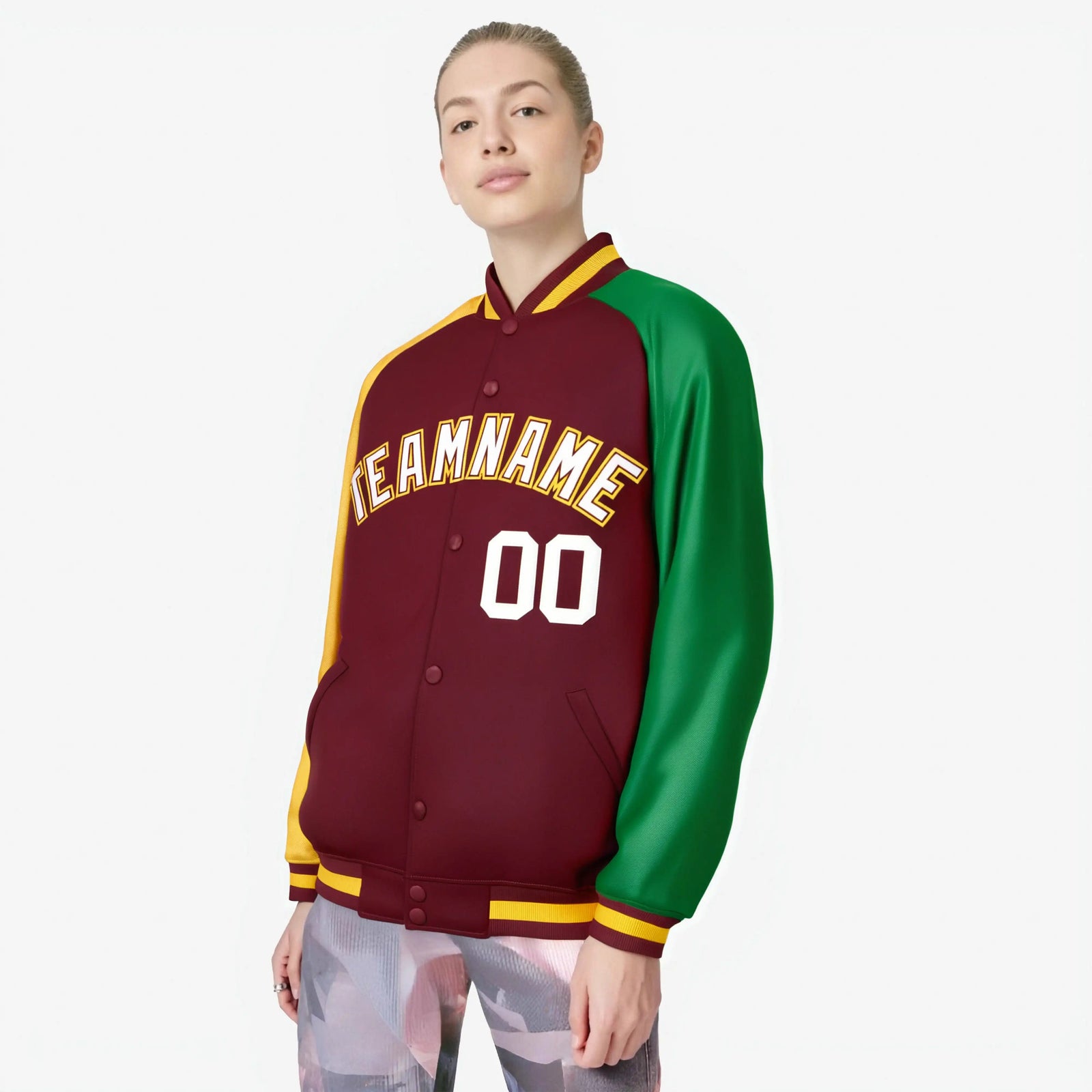 Custom Crimson Kelly Green-Gold Raglan Sleeves Varsity Full-Snap Letterman Jacket