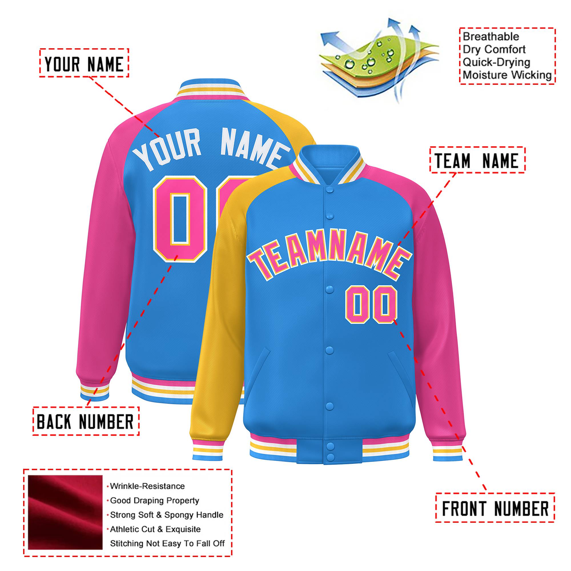 Custom Powder Blue Pink-Gold Raglan Sleeves Varsity Full-Snap Letterman Jacket