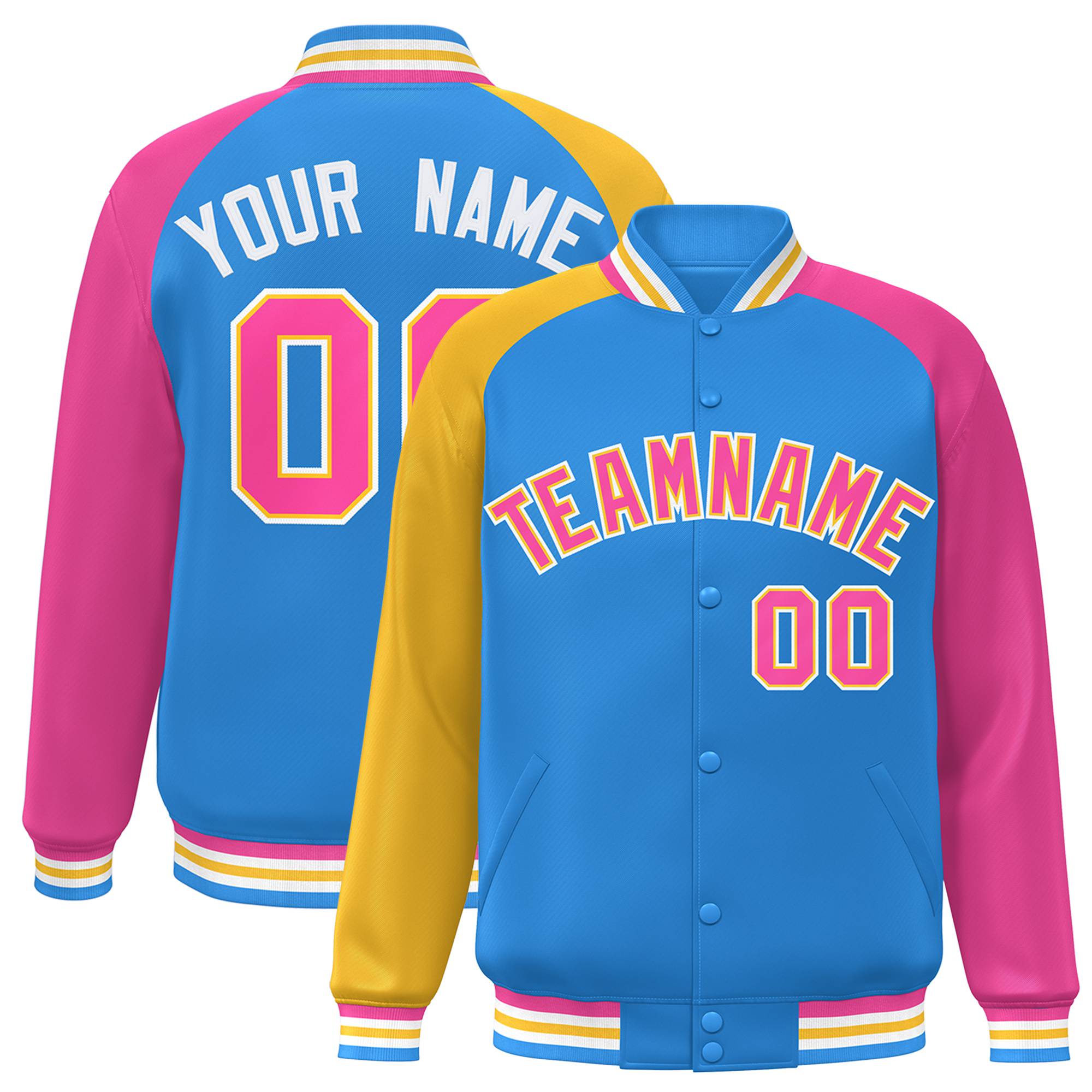 Custom Powder Blue Pink-Gold Raglan Sleeves Varsity Full-Snap Letterman Jacket