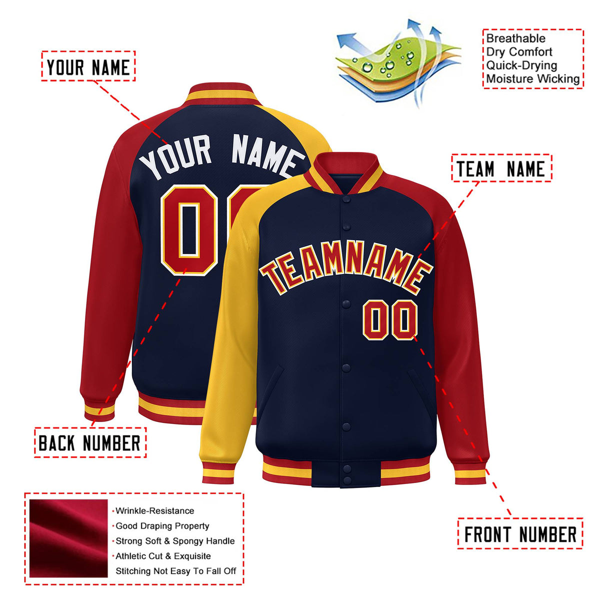 Custom Navy Red-Gold Raglan Sleeves Varsity Full-Snap Letterman Jacket