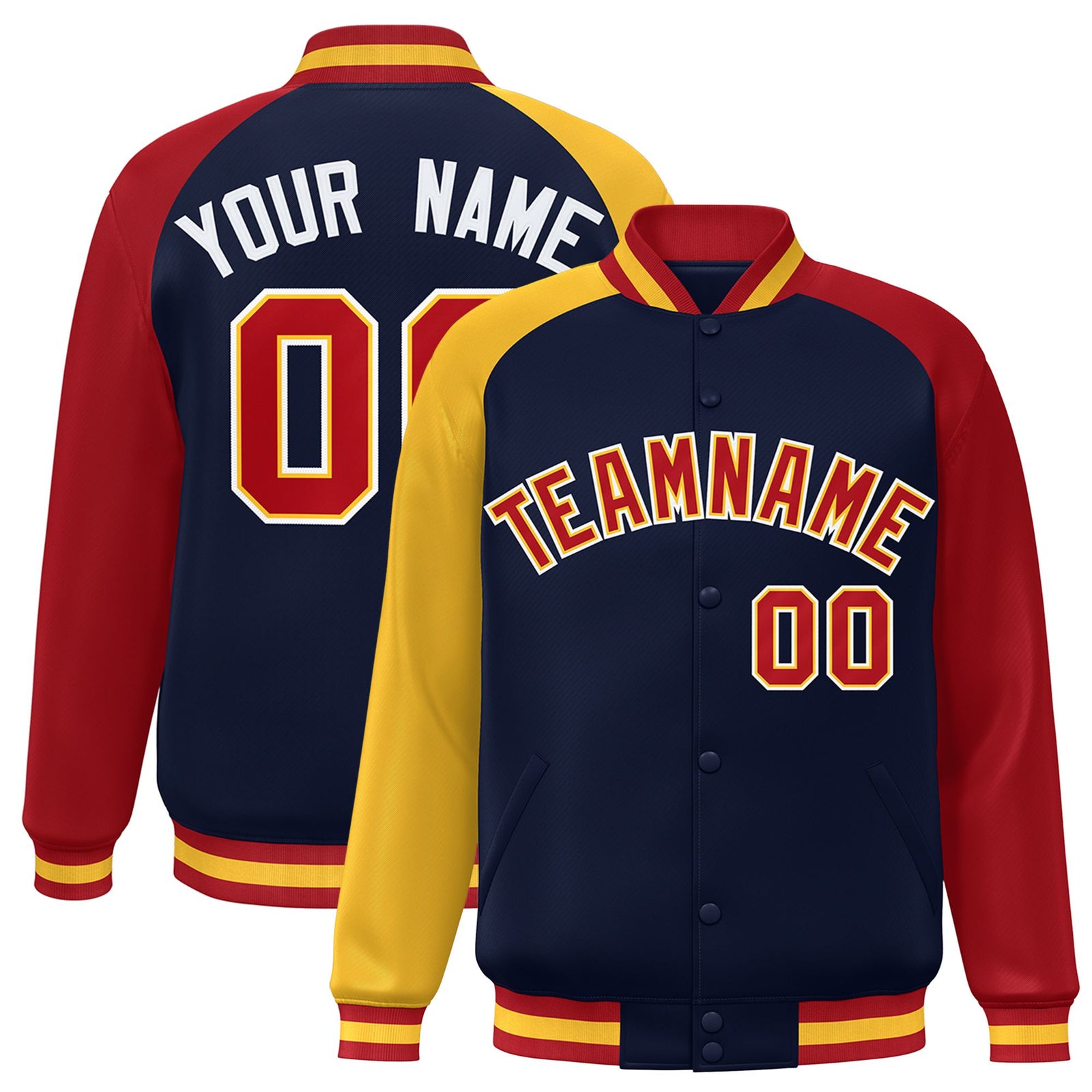 Custom Navy Red-Gold Raglan Sleeves Varsity Full-Snap Letterman Jacket