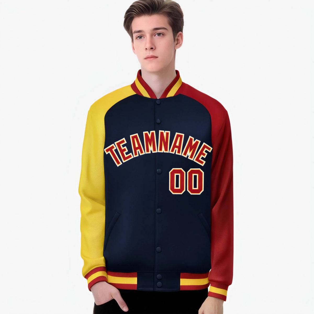 Custom Navy Red-Gold Raglan Sleeves Varsity Full-Snap Letterman Jacket