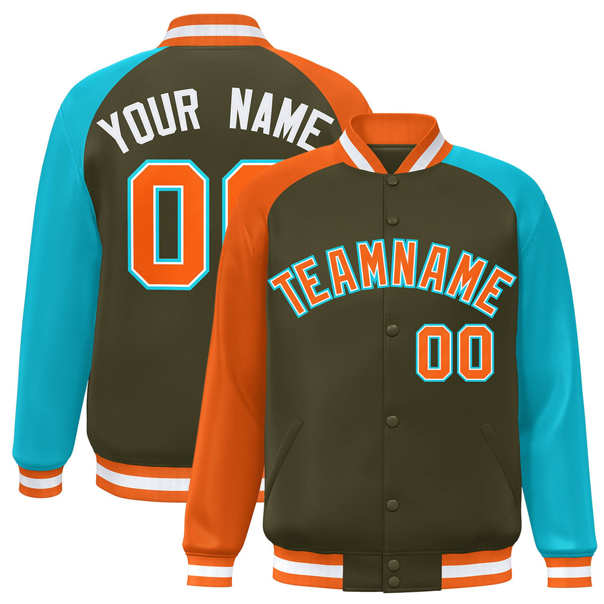 Custom Olive Aqua-Orange Raglan Sleeves Varsity Full-Snap Letterman Jacket