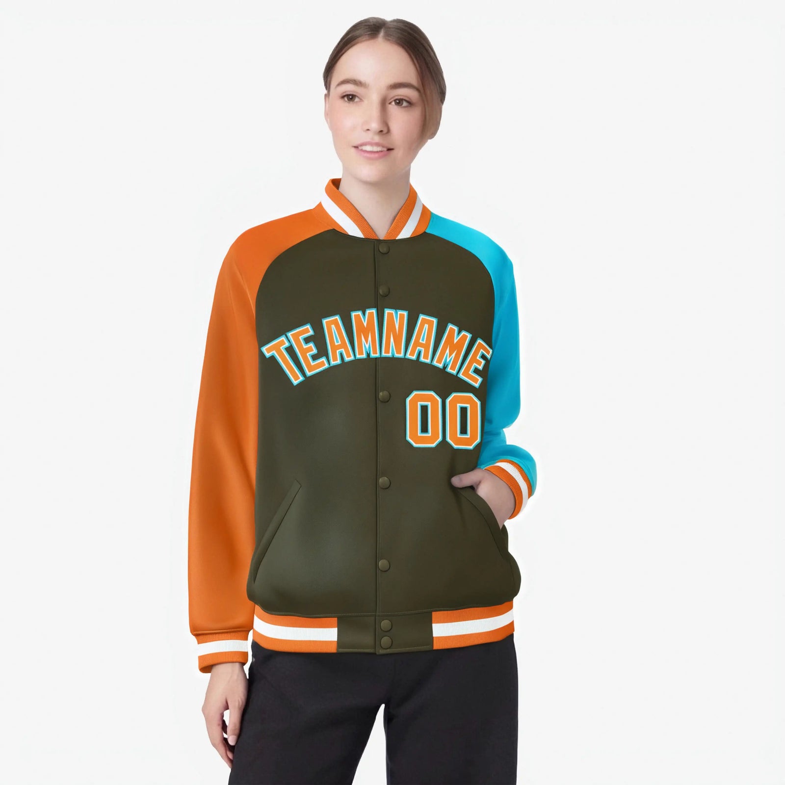 Custom Olive Aqua-Orange Raglan Sleeves Varsity Full-Snap Letterman Jacket