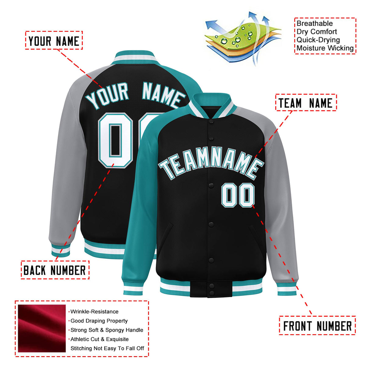 Custom Black Gray-Aqua Raglan Sleeves Varsity Full-Snap Letterman Jacket