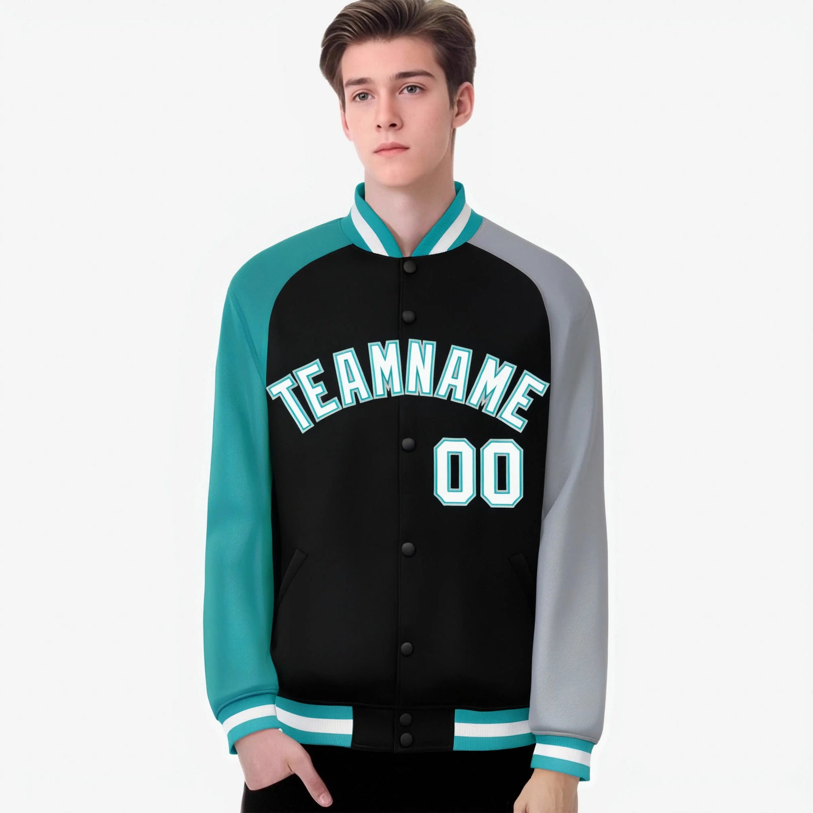 Custom Black Gray-Aqua Raglan Sleeves Varsity Full-Snap Letterman Jacket