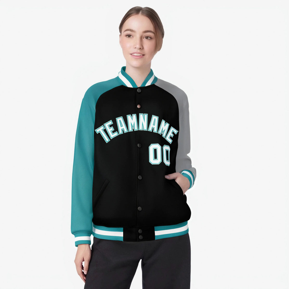Custom Black Gray-Aqua Raglan Sleeves Varsity Full-Snap Letterman Jacket